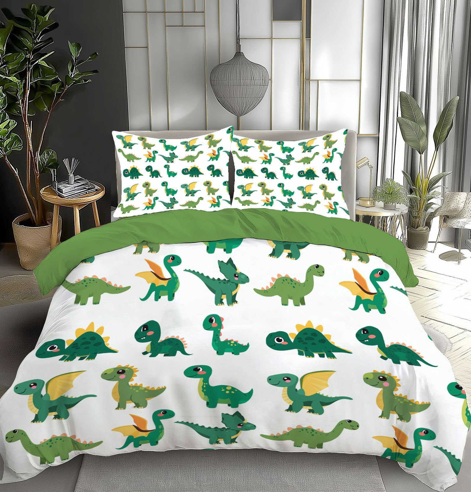 Juego de Cama Reversible Dinosaurio Verde– Funda Nórdica de Funda de Edredón Animales De Dibujos Animados con Fundas para Niños, Niñas y Niños, Verde Esmeralda
