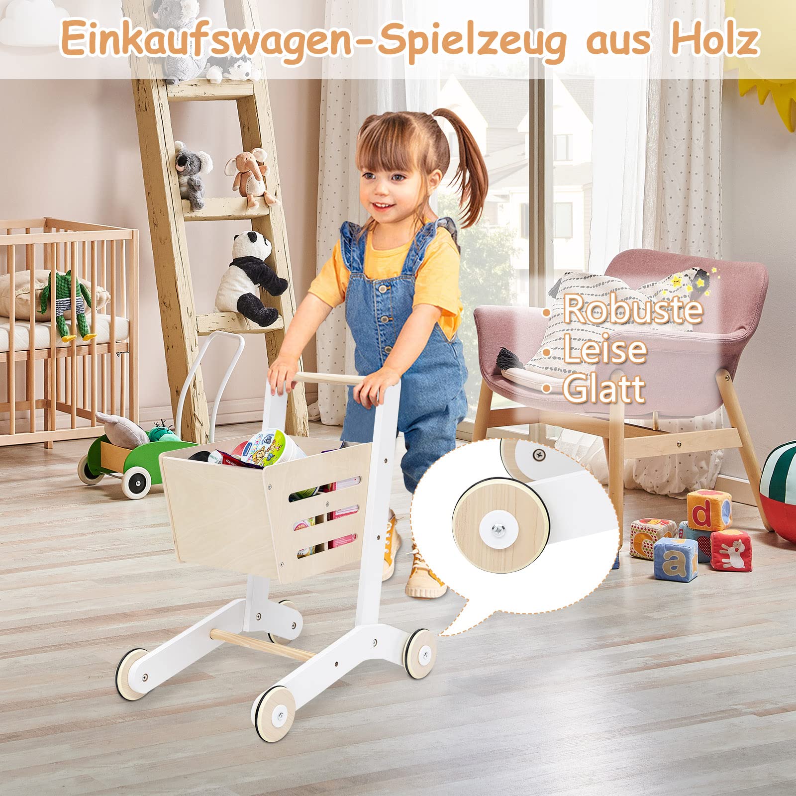 DREAMADE Supermarket mit Einkaufswagen & Kasse & Kreidetafel & Holzwährung, Kaufladen aus Holz, Kaufmannsladen für Kinder ab 3 Jahren