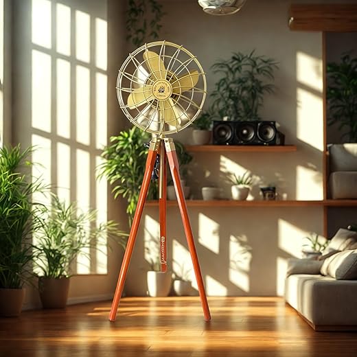 NautiKraft Antique Brass Fan with Wooden Tripod Stand Adjust