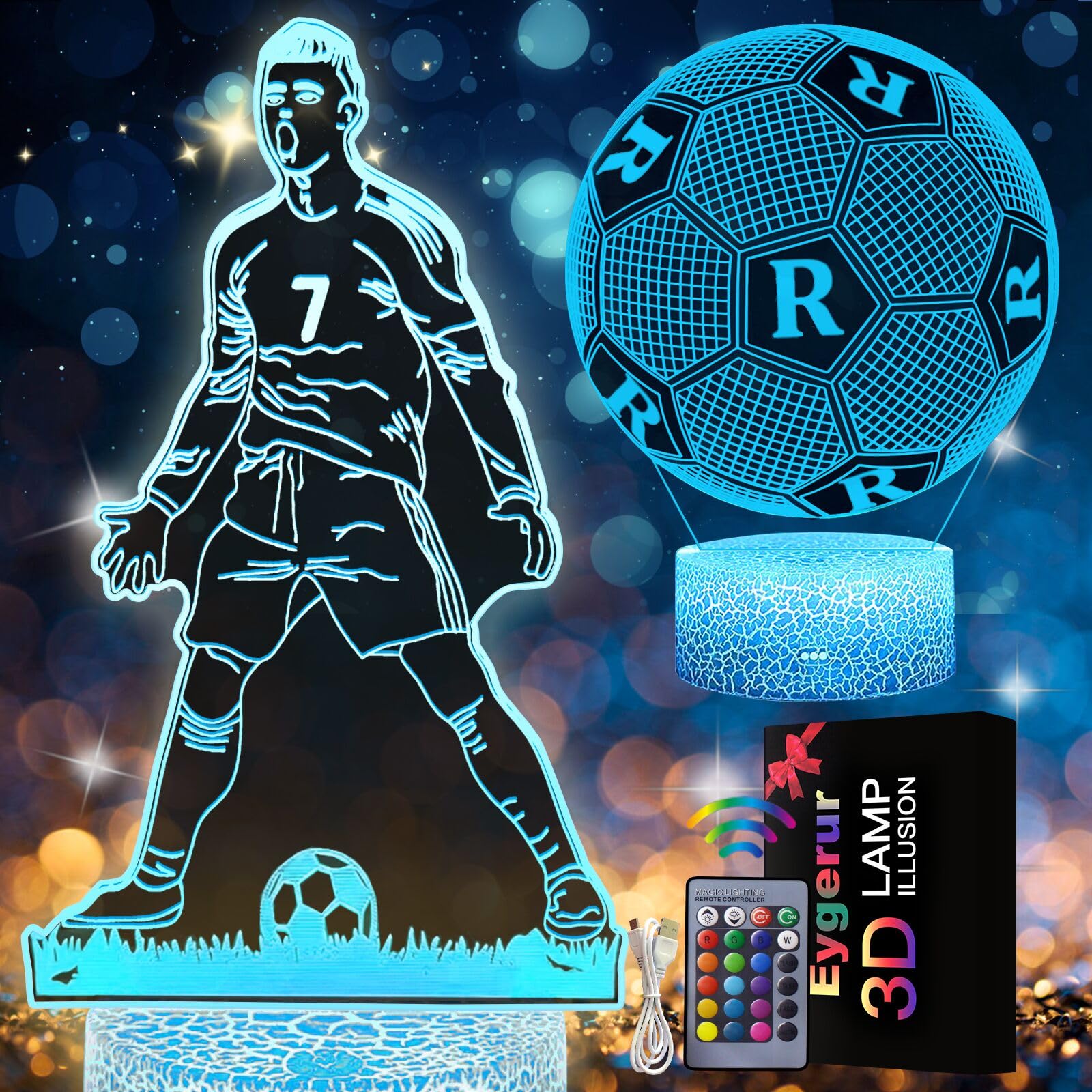 Eygerur 2 Piezas Ronaldo Fútbol Luz Nocturna Infantil, Fútbol Regalos, 3D LED Ilusión Ronaldo Fútbol Luz de Noche Con Control Remoto 16 Colores Cambio, Idea Regalos Para Navidad Niño Niña Decoración