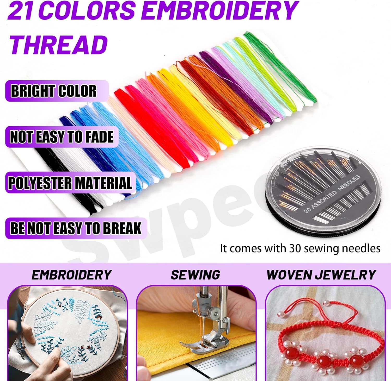 Swpeet 22Pcs 2"(48mm) 10 Colors Mixed Round Resin Buttons with 21 Color Embroidery Thread and Sewing Needles Sewing Kit, 4 Holes Sewing Flat back Button Sewing Buttons for Garment DIY Craft Decoration