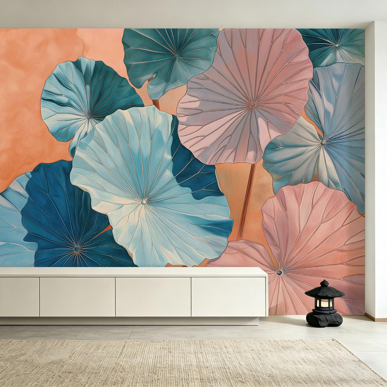 Tapeta mural nowoczesny botaniczny, artystyczny plakat tło do salonu, sypialni, ogrodu, dekoracja ścienna, liść lotosu, lilia wodna, włóknina, mural do sypialni, 300 x 210 cm