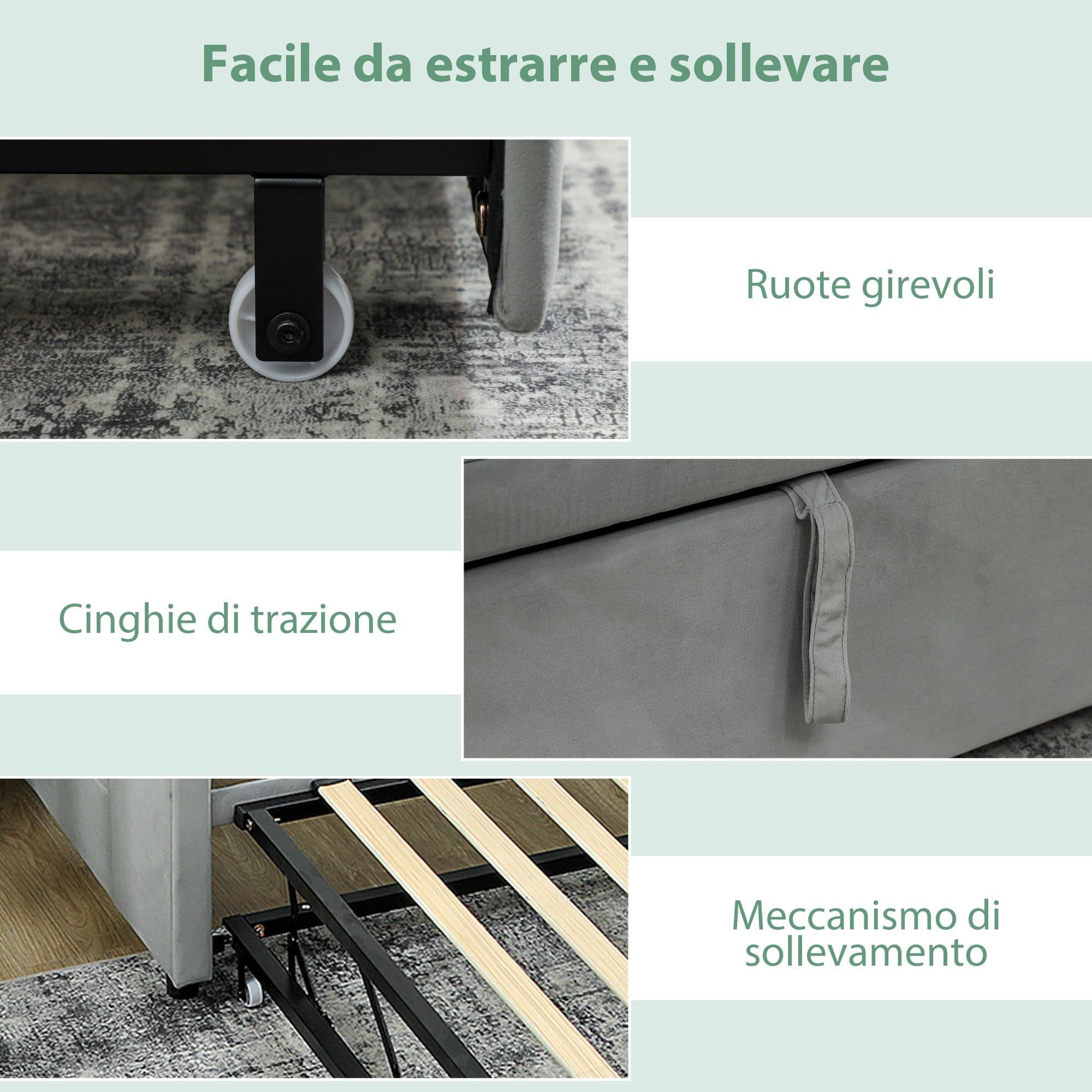 HOMCOM Struttura Letto 90/180x190 cm Estraibile Convertibile Grigio Chiaro