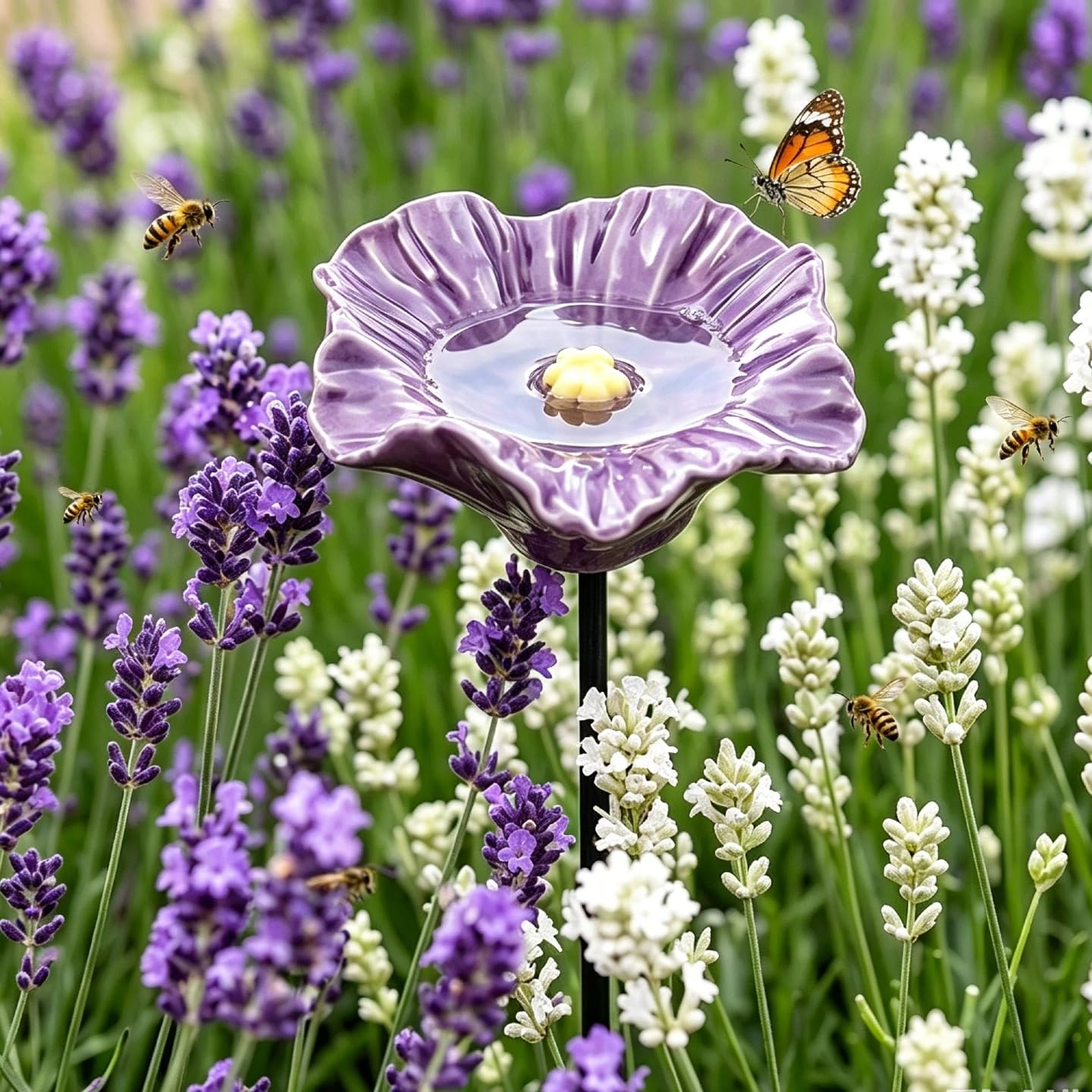 Mini Bee Watering Station, Handmade Ceramic Flower Bee Bath for Garden – Attract Butterflies & Pollinators – Colorful Outdoor Gardening Stakes for Yard, Patio, Butterfly Garden, Gardening Essentials