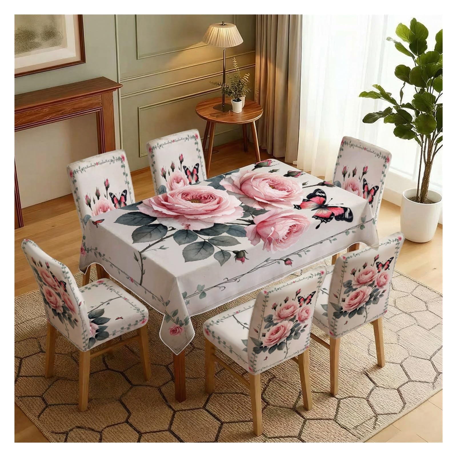 BOSUYBN Vintage Pink Rose Butterfly Floral Border Printed Dining Tablecloth & Chair Covers Set, 5/7 Piece Romantic Cottage Farmhouse Home Decor Table Setting(7pcs Set: Tablecloth+Chair Covers)