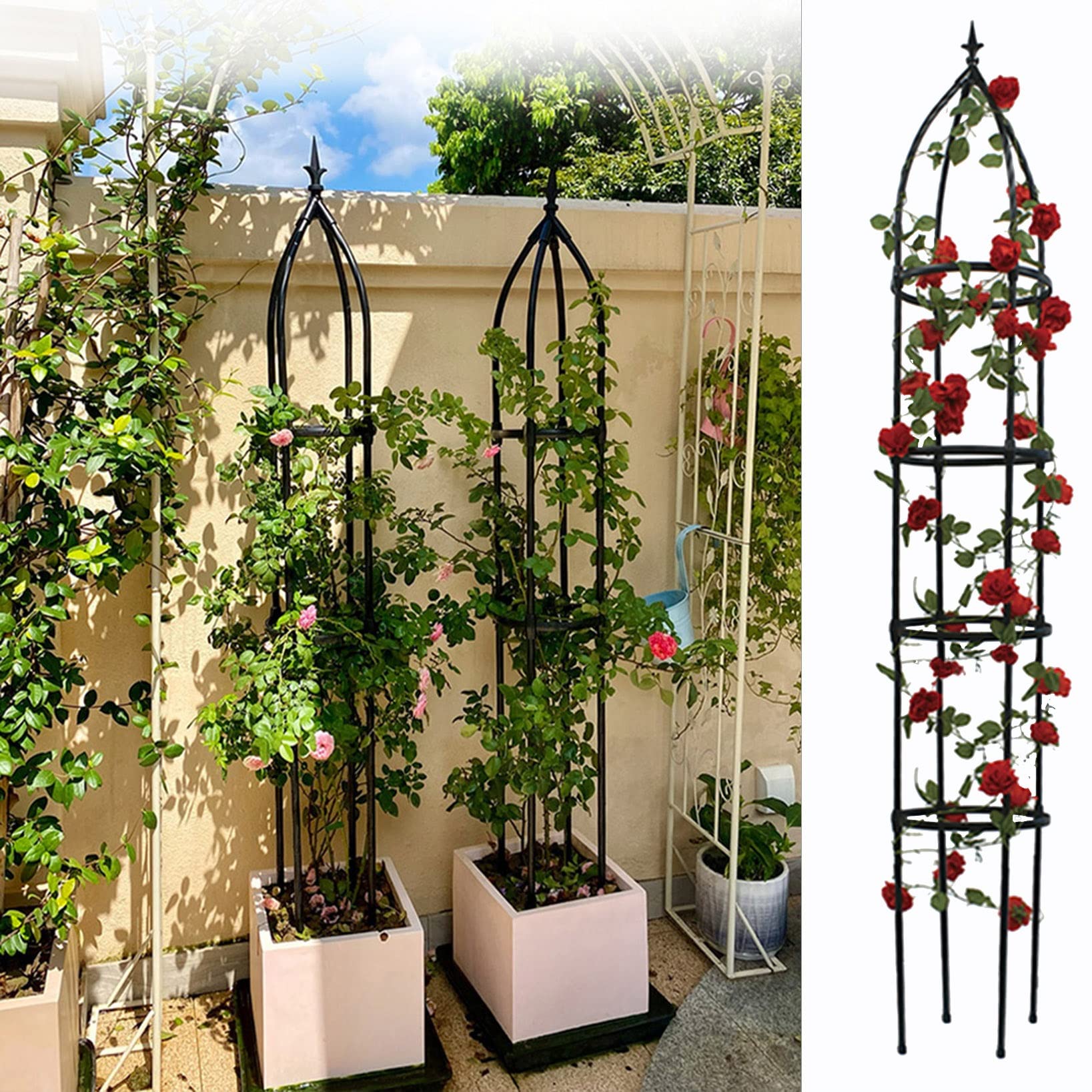 Obélisque De Jardin Noir Pour Plantes Grimpantes - 210cm De Haut, Acier Revêtu, Pour Rosiers, Tomates...