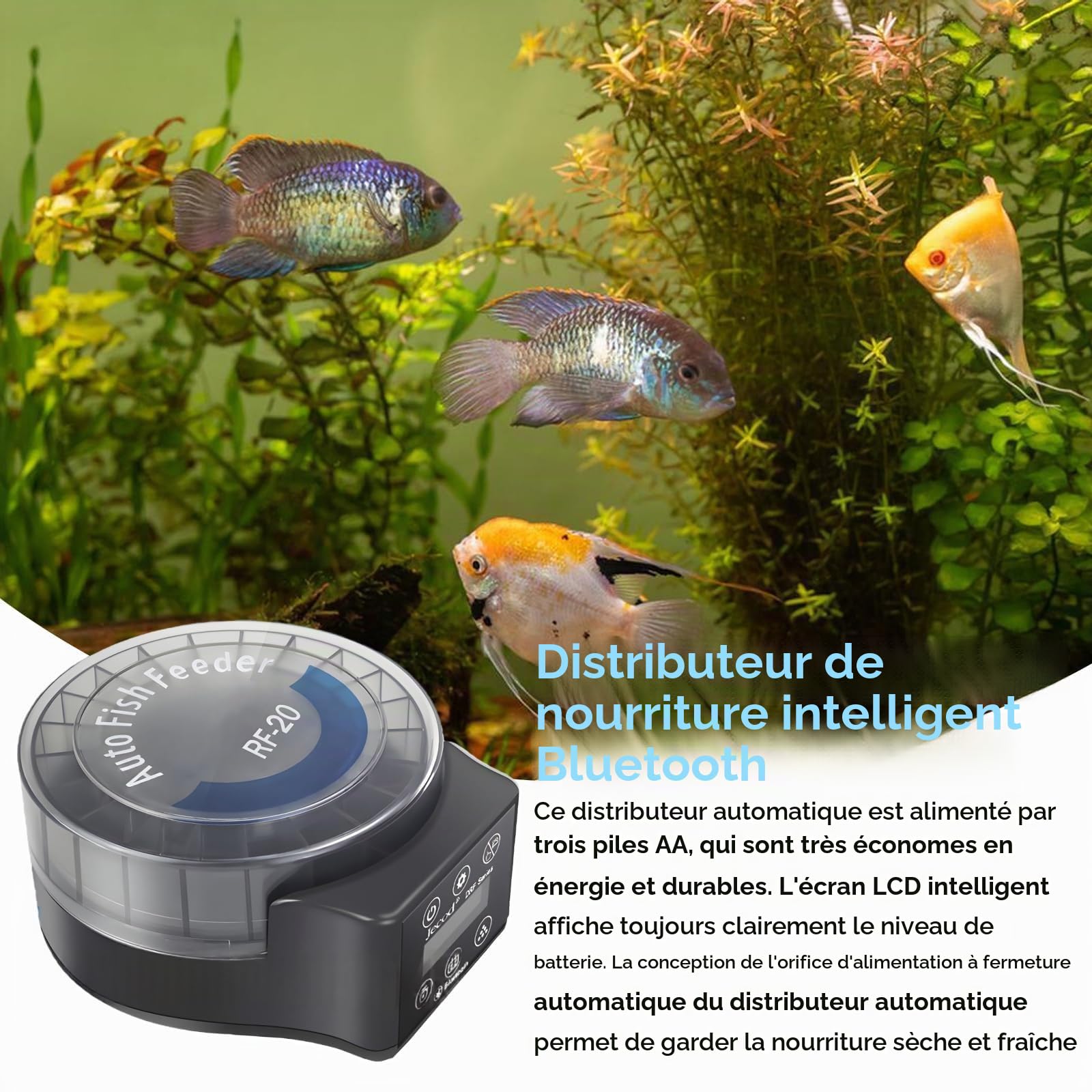Distributeur Nourriture Poisson Automatique, Distributeur Poisson Nourriture avec Minuterie, 108ml Réglable pour Poudre, Granulés Et Pellets, Fonctionne sur Piles