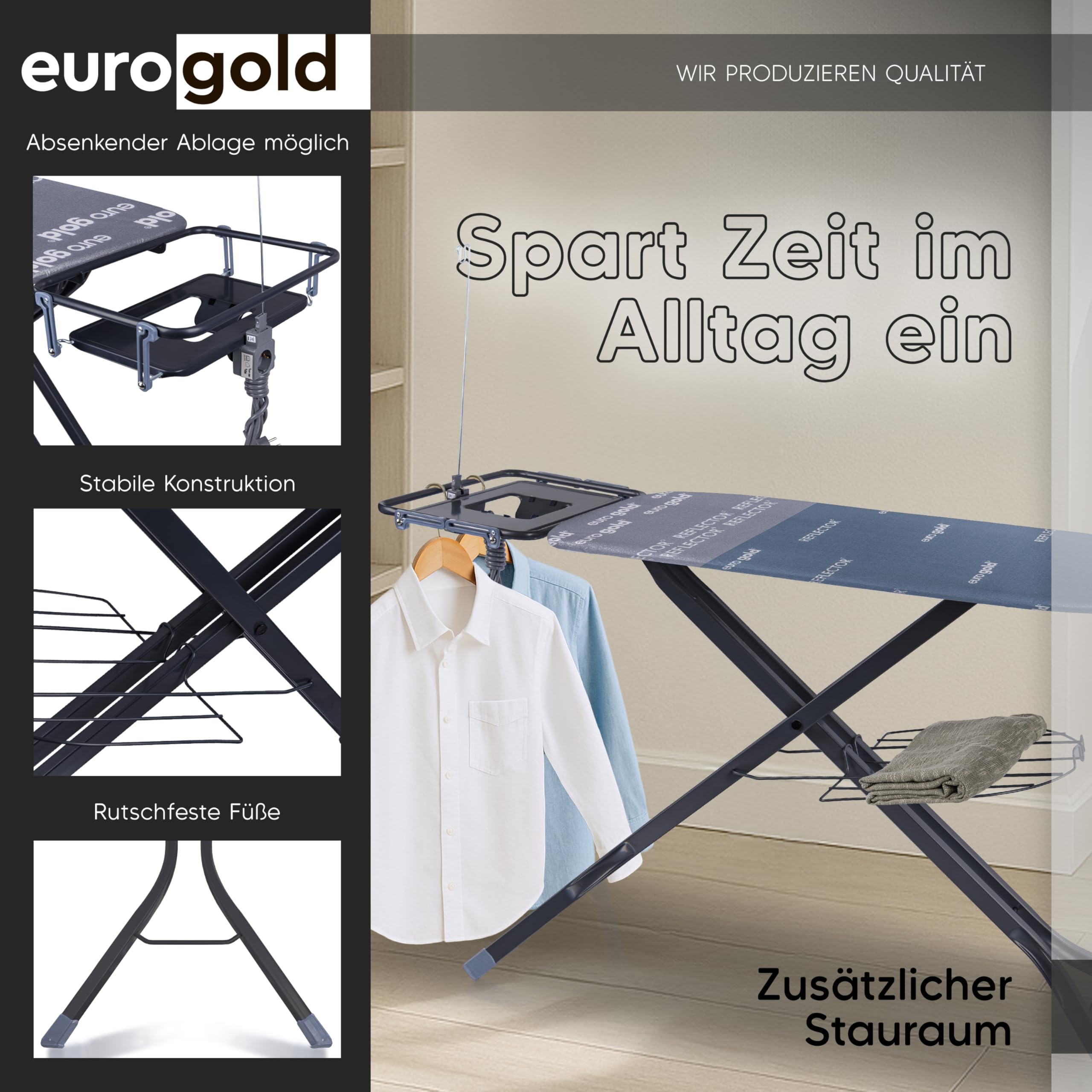 EUROGOLD Bügelbrett für Dampfbügelstation 130x48 cm – Bügelbrett XXL mit Steckdose, höhenverstellbarer Bügeltisch klappbar, mit Ärmelbrett & Bügeleisenablage, Reflektor-Bezug (Sydney Grey)