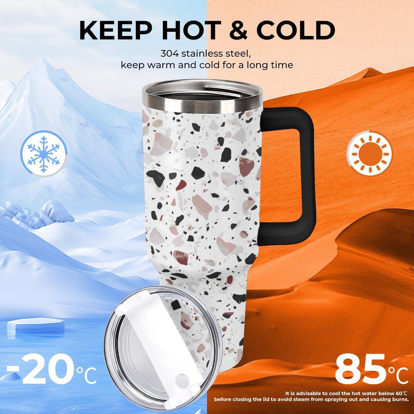 Rote Terrazzo-Becher mit Strohhalm und Griff, doppelwandige Vakuumisolierung, Wasserflaschen für Eiskaffee, Tee, heiße und kalte Getränke