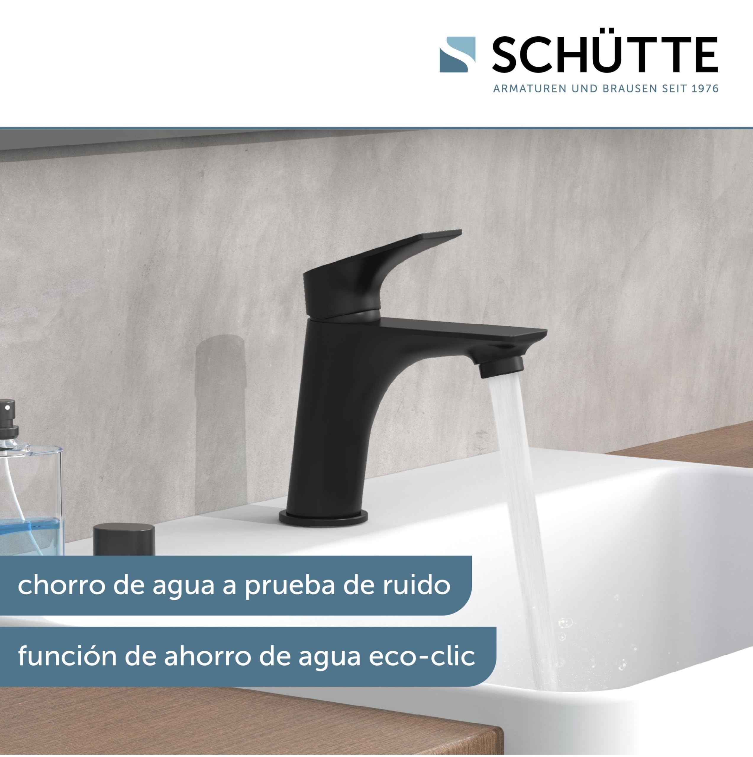 SCHÜTTE BOSTON 33216 Grifo de baño negro mate, grifo de lavabo, grifo mezclador de lavabo, negro, moderno mezclador monomando con desagüe, grifo de lavabo para tu baño