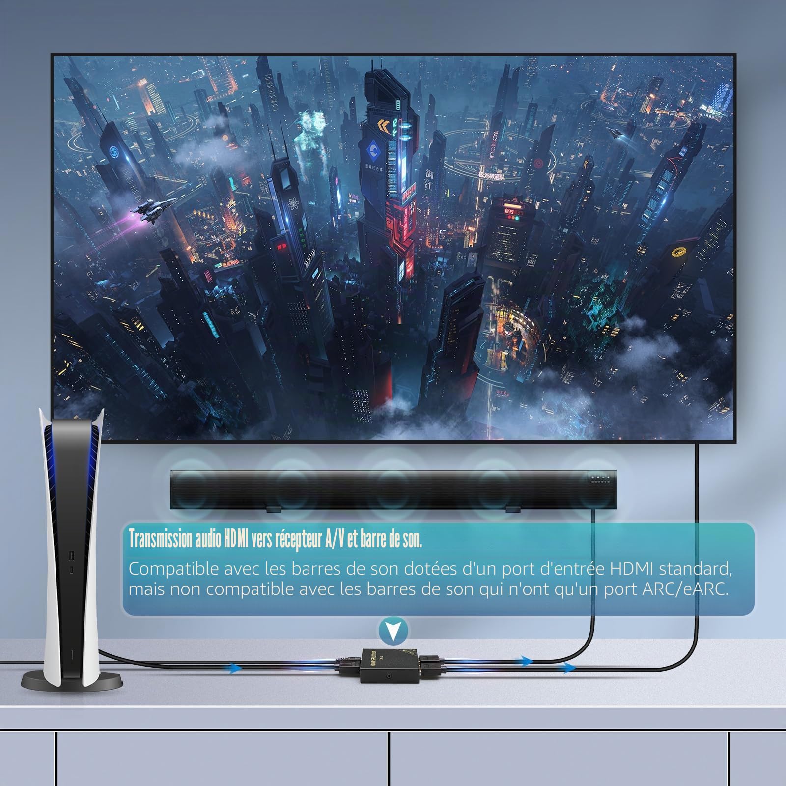 Splitter HDMI HBAVLINK 1 entrée 2 Sorties 4K 60Hz – Bypass HDCP 2.3, HDR, Dolby/DTS 5.1/7.1 – Compatible avec Firestick, PS3/PS5, Elgato HD60s/x/Pro, Apple TV 4K, Retrotink, Roku Stick