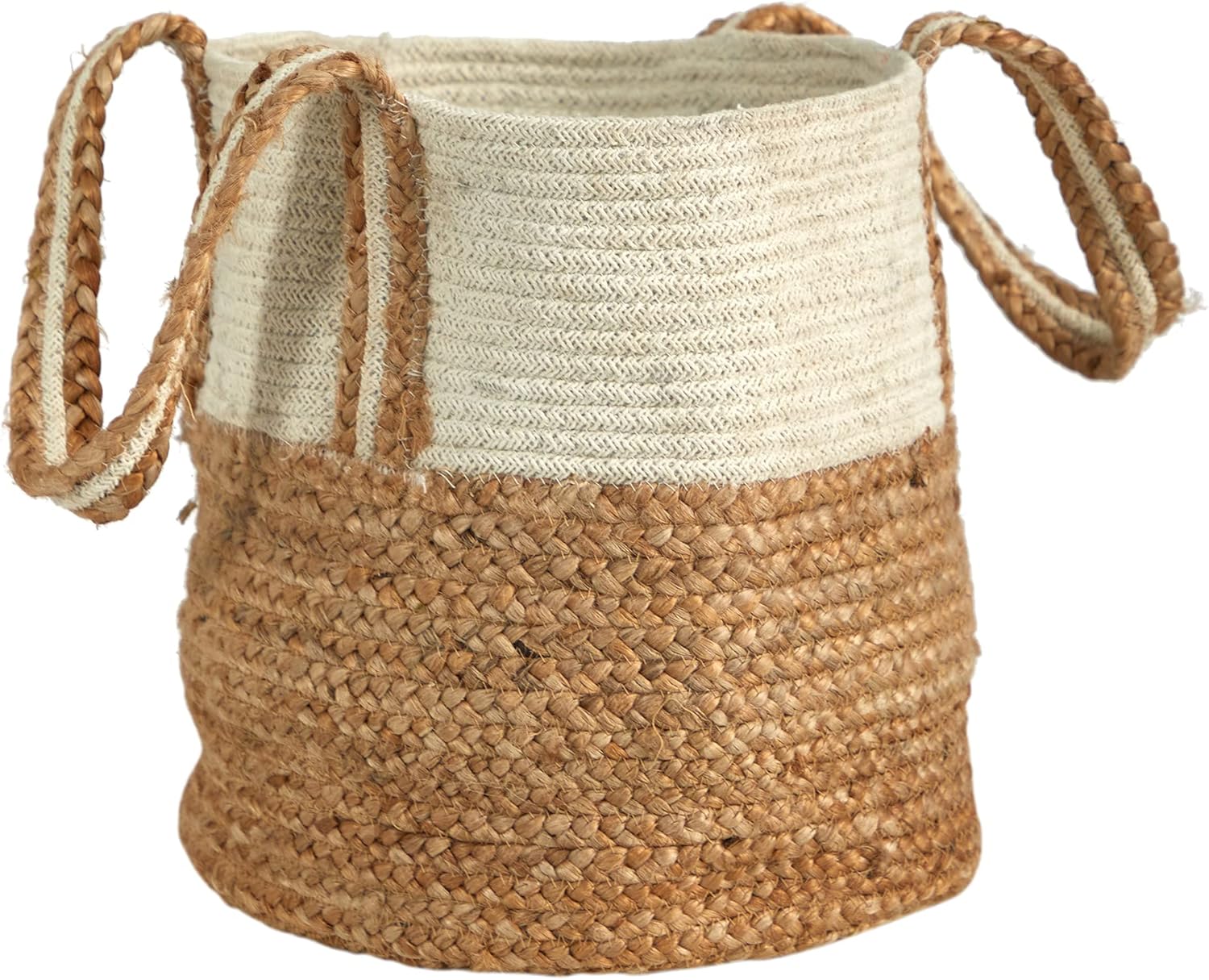 Nearly Natural 14in. Boho Chic Basket Planter Natural Cotton and Jute with Handles