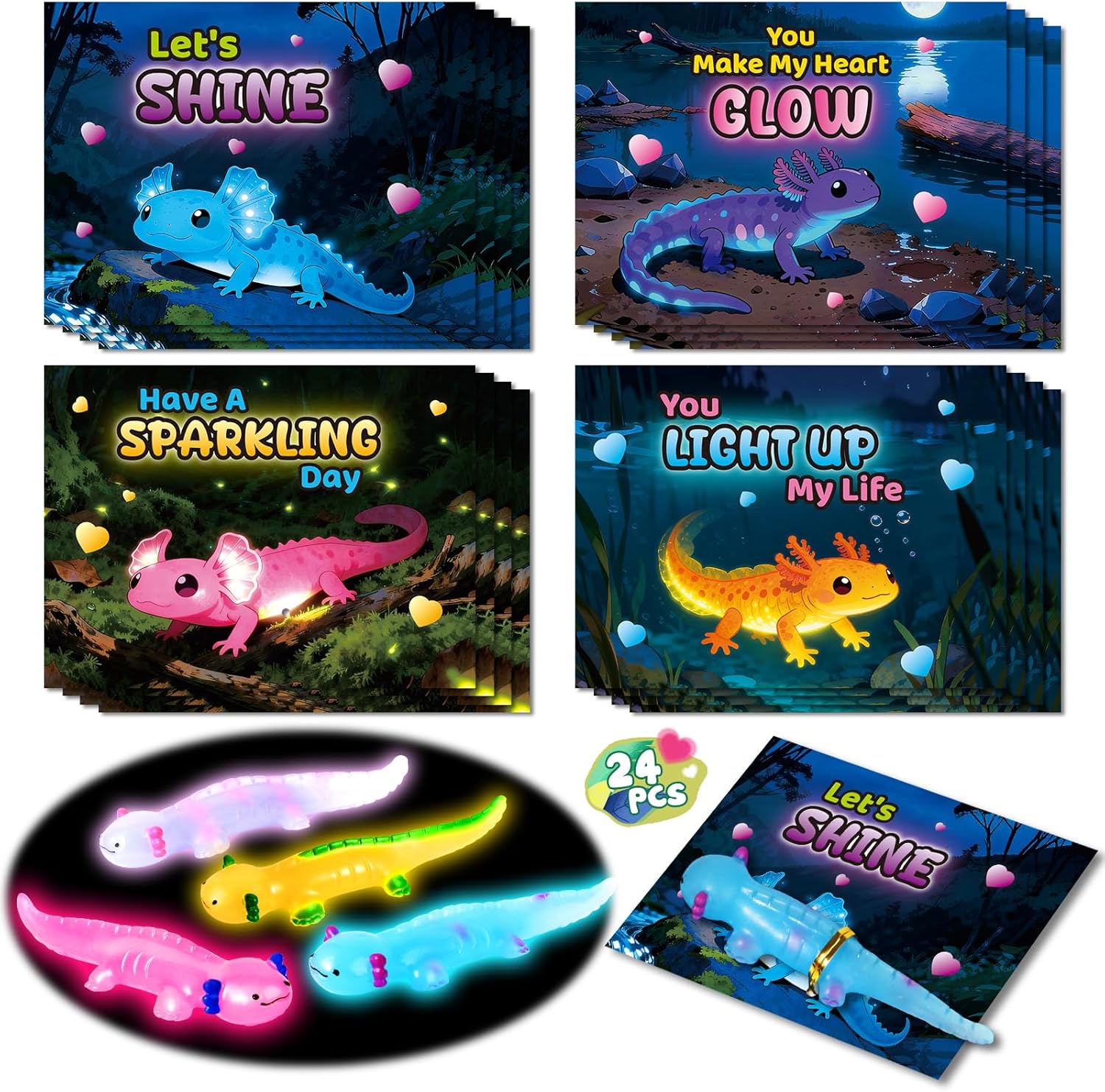 Shemira Valentines Day Gifts for Kids, 24 Pack Glow in The Dark Axolotl Toys with Valentines Day Cards for Kids School Classroom Exchange Gifts for Girls Boys Fidget Toys Bulk Kids Party Favors