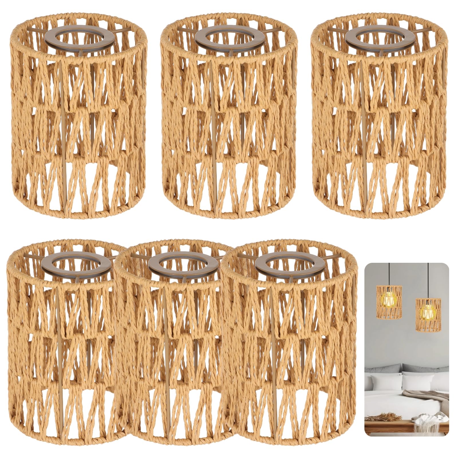 Rattan Lamp Shade,Small Wicker Pendant Light Shade - Cylinder Woven Wicker Lampshades Replacement,Paper Rope & Metal Frame,Bohemian Ceiling Hanging Light Shades for Wall Light (6)