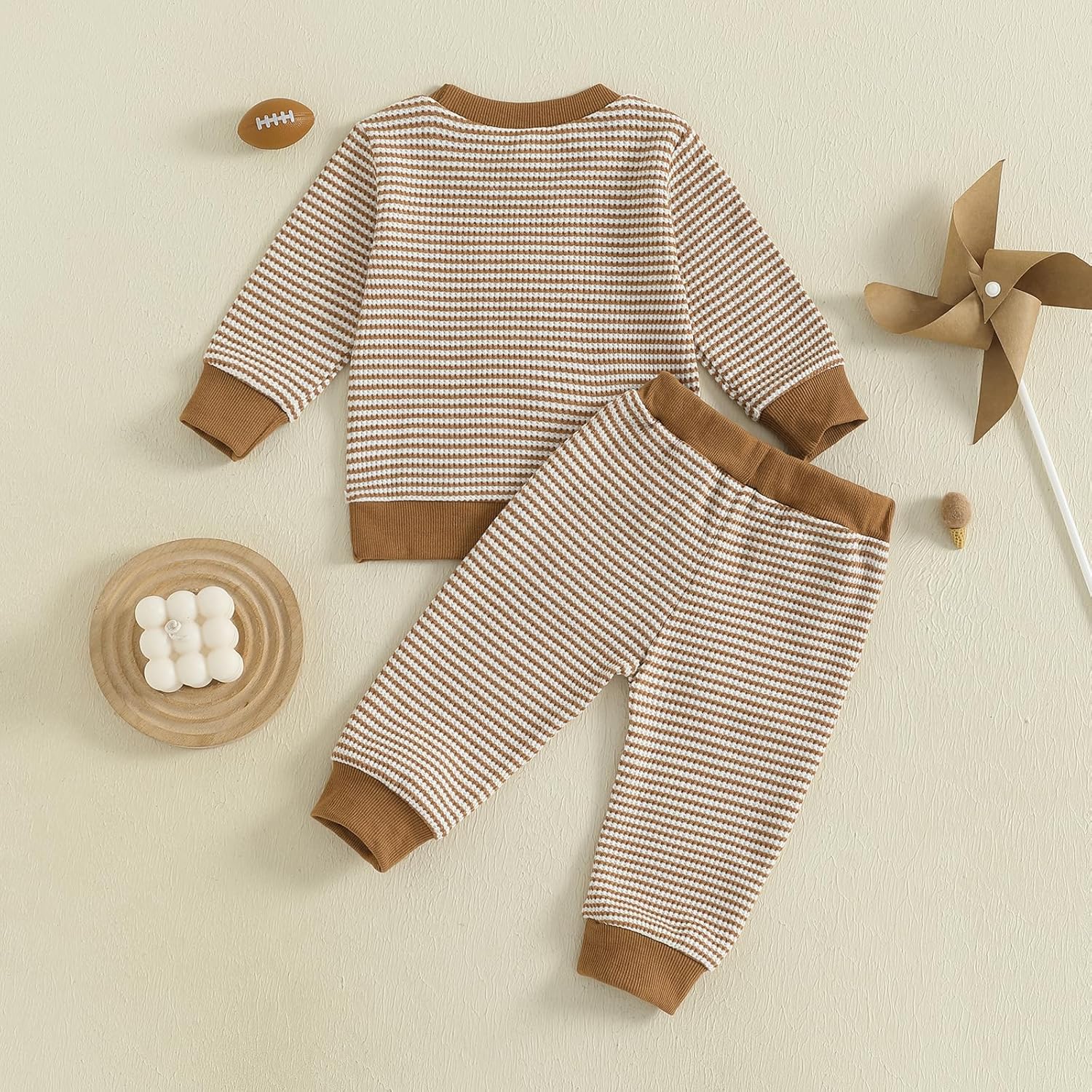 Football Baby Boy Clothes Football Embroidery Waffle Stripe Long Sleeve Sweatshirt Jogger Pants Fall Winter Outfits - Image 5