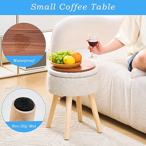 Miniatura 49 de Mxfurhawa Taburete otomano de almacenamiento redondo de lino con patas de madera, reposapiés tapizado multifuncional, para sala de estar, baño,