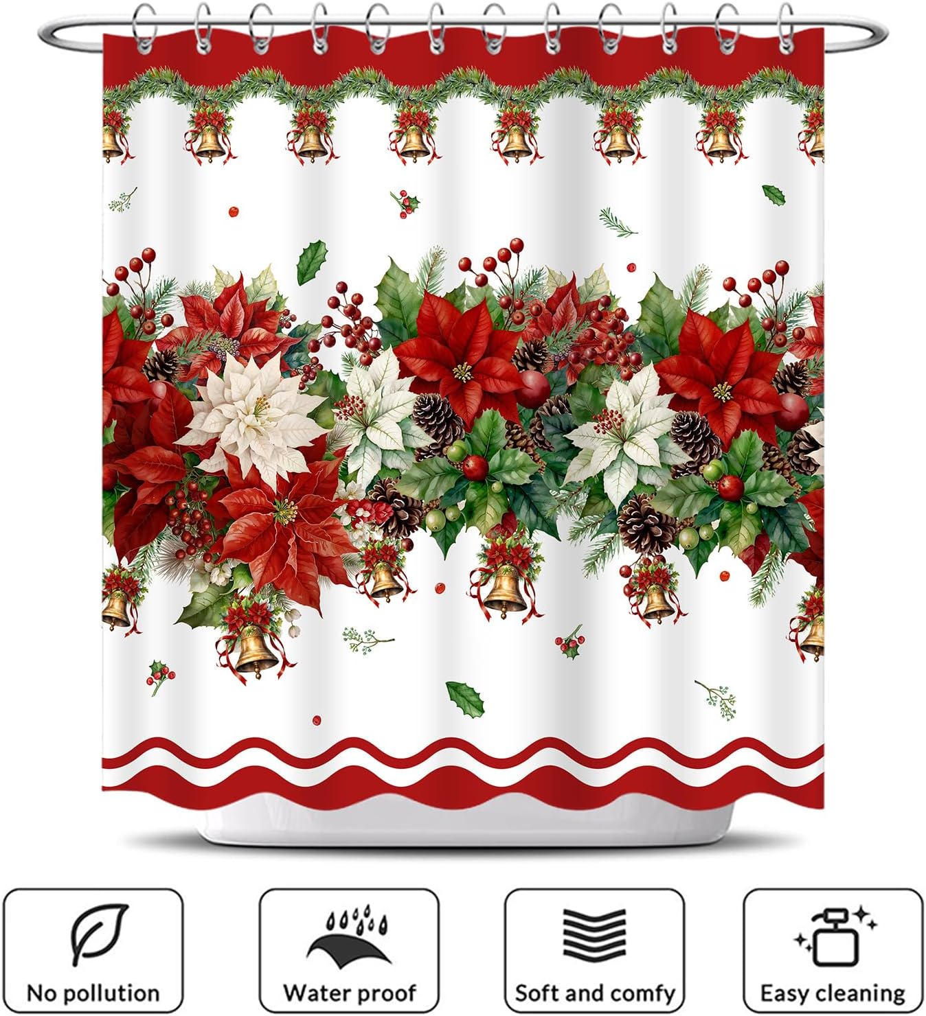 Merry Christmas 4 Pcs Shower Curtain Bathroom Sets Red Holiday Xmas Winter Waterproof Bath Decor Decorations Accessories with Rugs, Toilet Lid Cover, Bath Mat and 12 Hooks 72x72 Inch