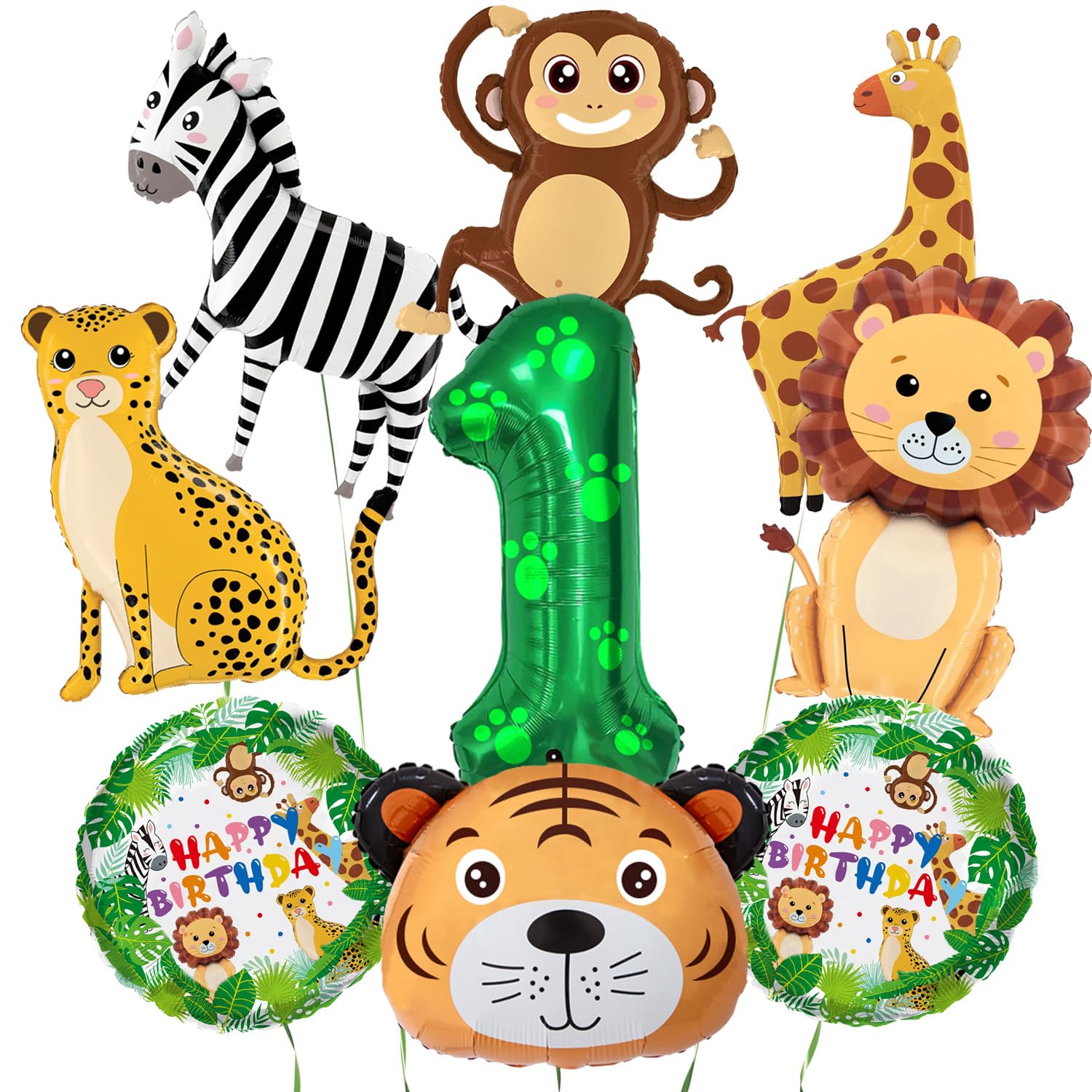 Jungle Animal Balloons, Safari Birthday Decorations, Large 40in Number 1 Balloon, Cute Smile Animal Balloons, for Boys Girls Wild One Birthday, Jungle Safari Theme Party
