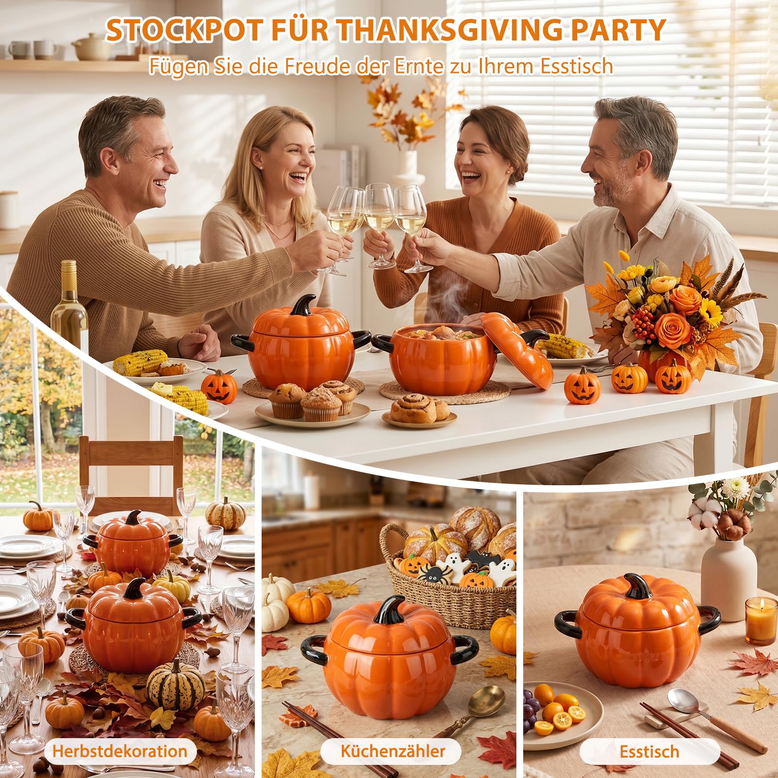 Justup Cuenco de sopa con asa, olla de cerámica de 1,9 l de calabaza, cerámica para servir cuencos para hornear, recipiente con tapa, decoración de Halloween, utensilios de cocina para el hogar