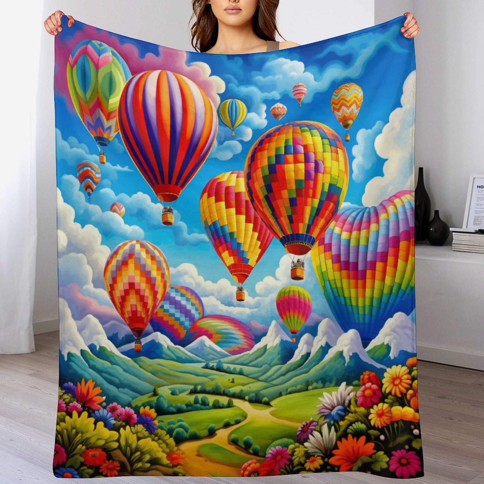 Manta de franela suave y cálida de 130 x 150 cm con diseño de globo de aire para cuatro estaciones