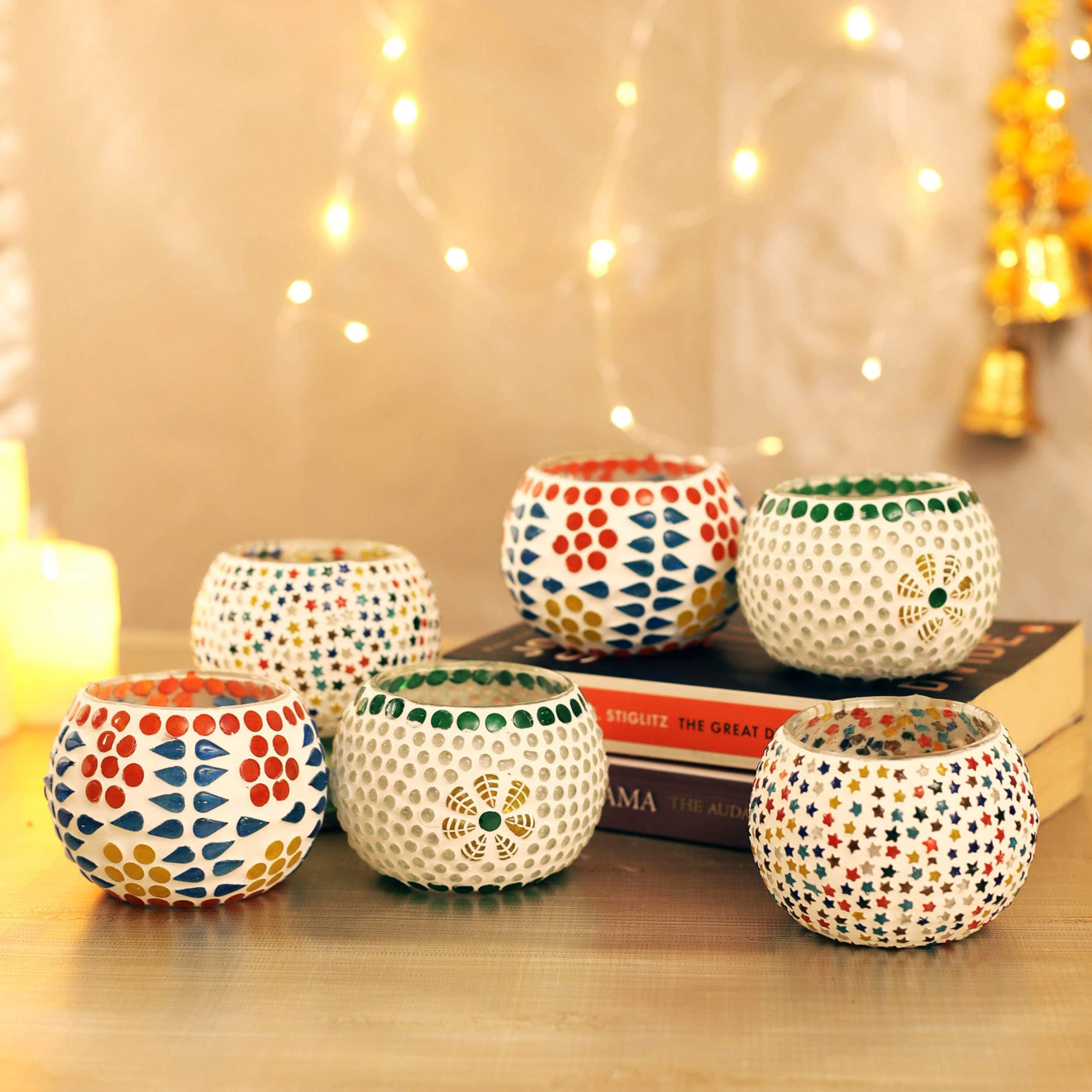 TIED RIBBONS Pack of 6 Mosaic Glass Votive Tealight Candle Holders for Dining Table - Decorations Items for Decor Living Room (Pack of 6, Glass) - Decorations Items for Home Office - Gifts