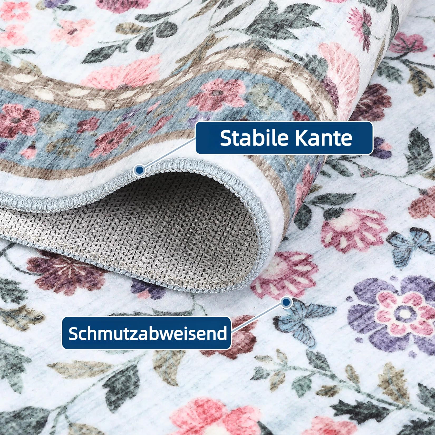 CAROMIO Vintage Blumenmuster Teppich Wohnzimmer 160x230 cm Kurzflor Blau | Waschbarer Teppich Blumenmuster, Vintage Kurzflor Boho Rutschfest Faltbar