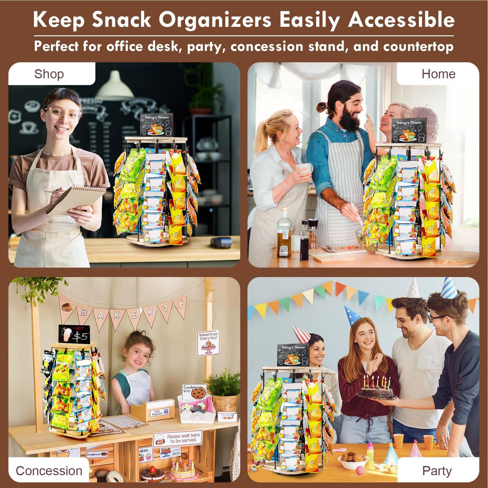Espositore Snack da Bancone Organizzatore Per Snack E Patatine Con Clip | 5 Ripiani 40 Clip Organizzatore Girevole 360° Con Bacheca, Stazione Organizzata Per Dispensa Cucina