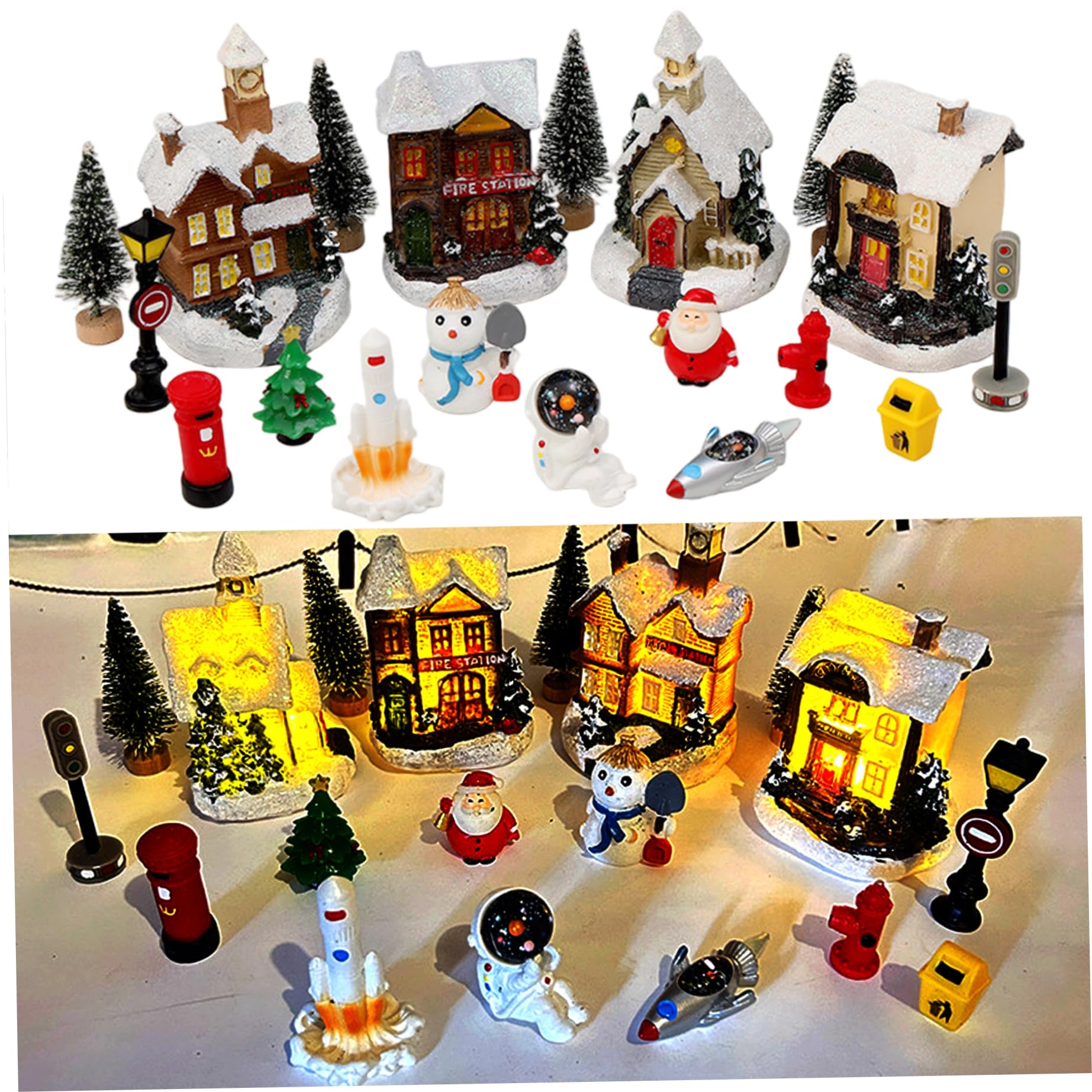 Hperu Christmas Village Set 16Pcs Resin Lighted Led Town with Figurines for Desktop Landscape Decorations Christmas Houses- Houses