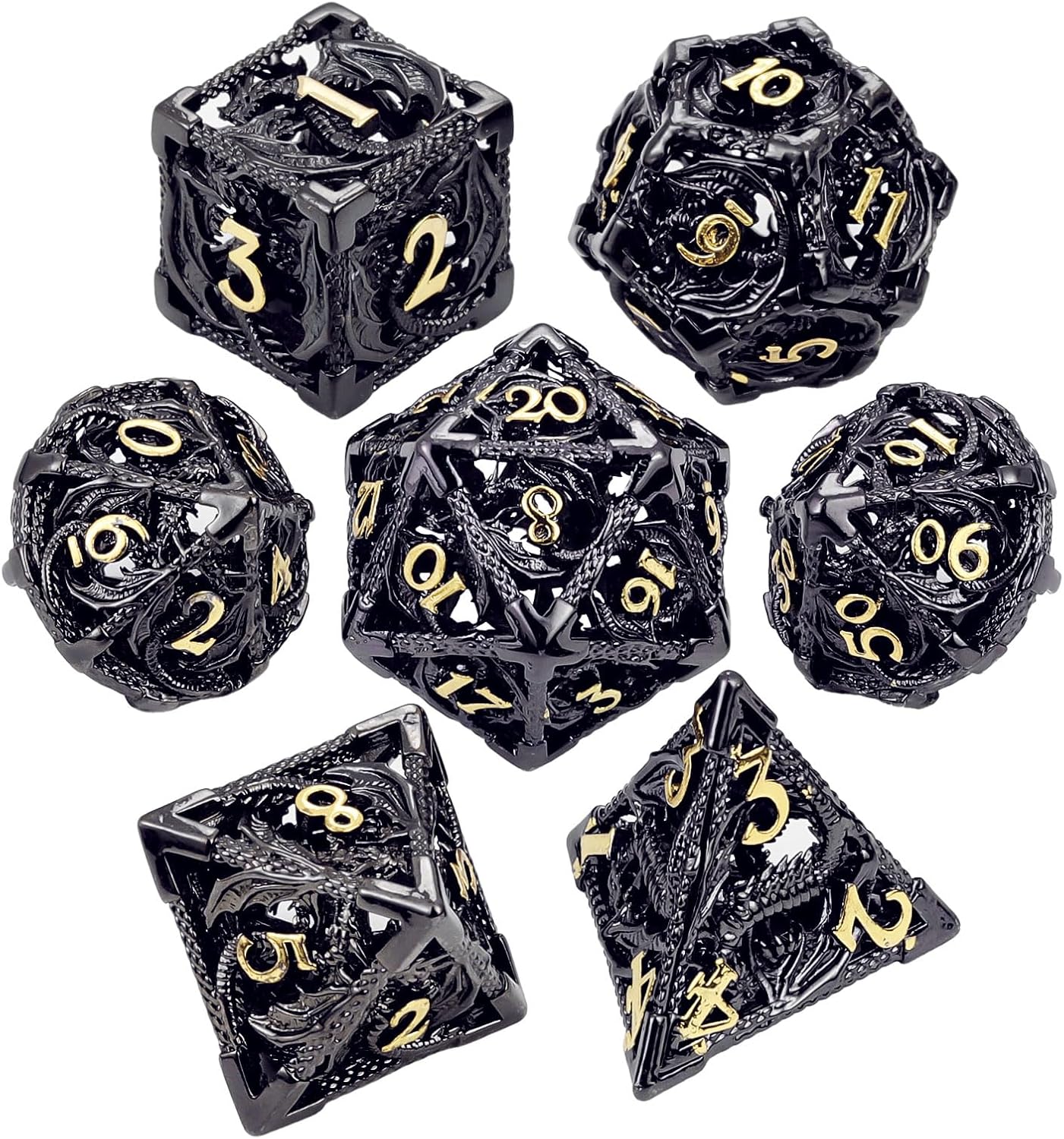 MoKo Dragon Hollow Metal DND Dice Set, 7 Pcs Polyhedral D&D Dragon Hollow Dice for Dungeons and Dragons RPG Games, D20 D12 D10 D8 D6 D4 with Gift Box, Black+Gold