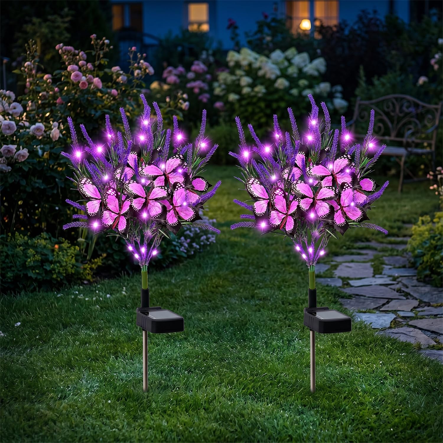Gresonic 2 Pack Solar Garden Lights, Waterproof LED Purple Lavender Butterfly Solar Lights, Artificial Flower Decorative Pathway Lights for Yard, Patio, Lawn,Outdoor Garden Ornament & Gifts