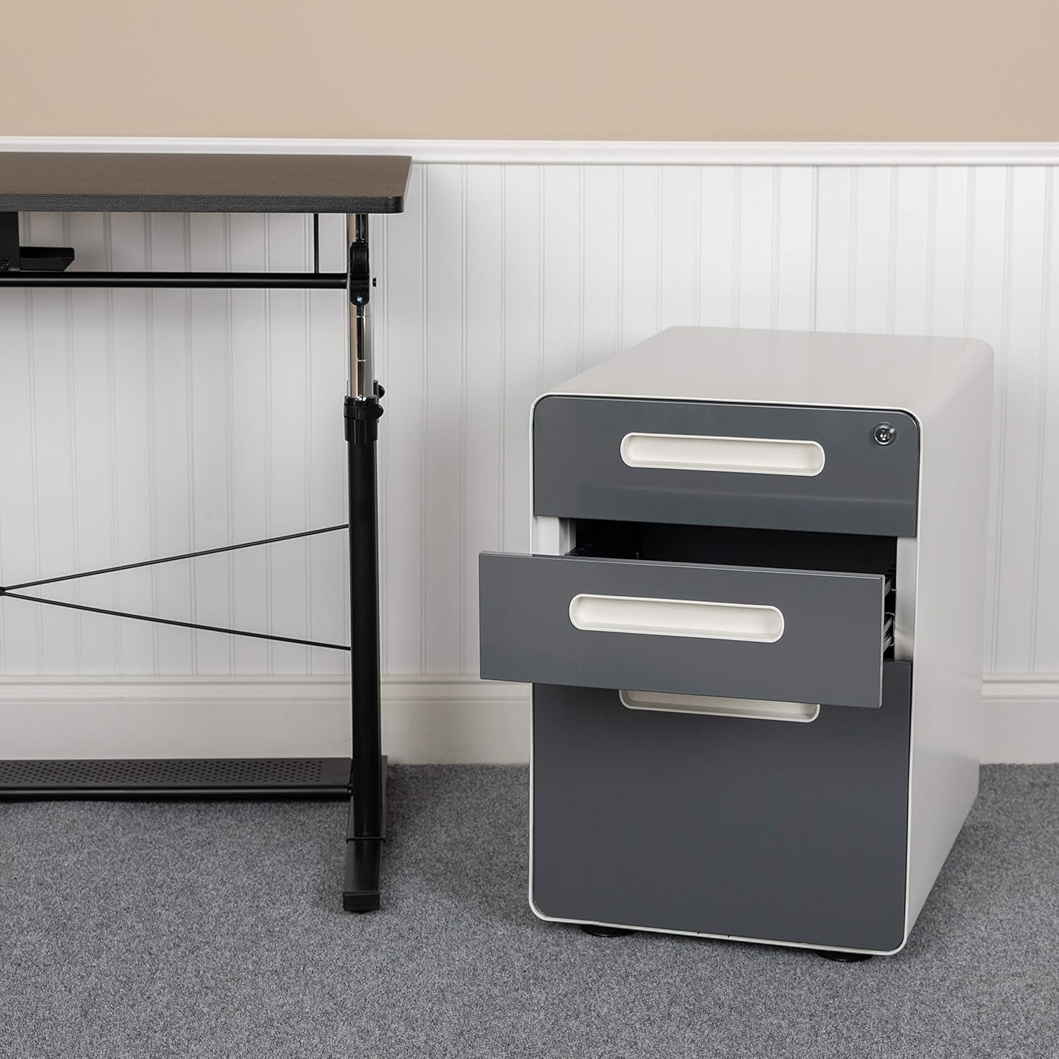 Flash Furniture Ergonomic 3-Drawer Mobile Locking Filing Cabinet with Anti-Tilt Mechanism & Letter/Legal Drawer, White with Charcoal Faceplate : Home & Kitchen