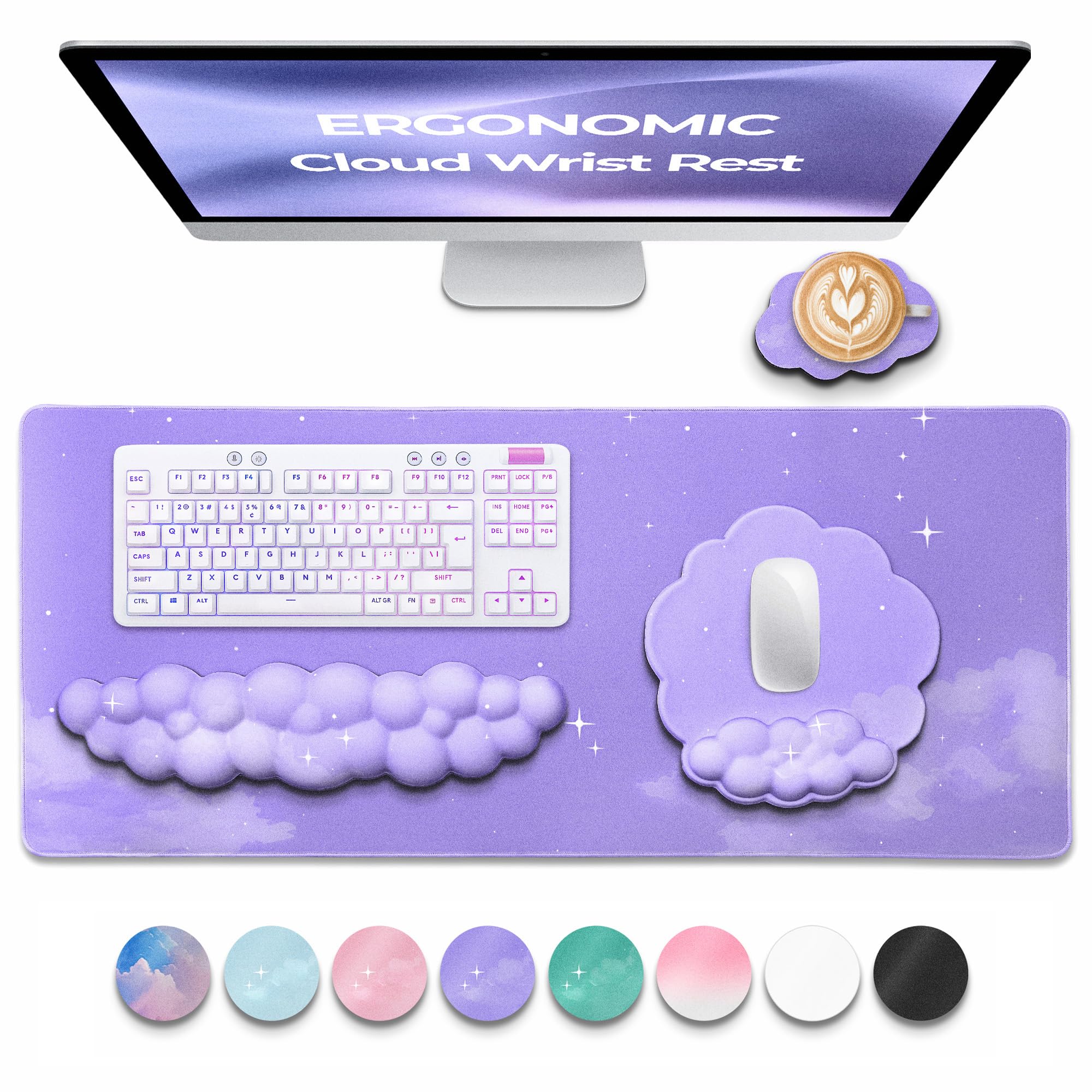 TheTrulyCharter Premium Quality Cloud Wrist Rest Keyboard & Mouse Pad Set – Ergonomic Memory Foam Desk Accessories with Wrist Support for Office & Gaming – Purple-Star