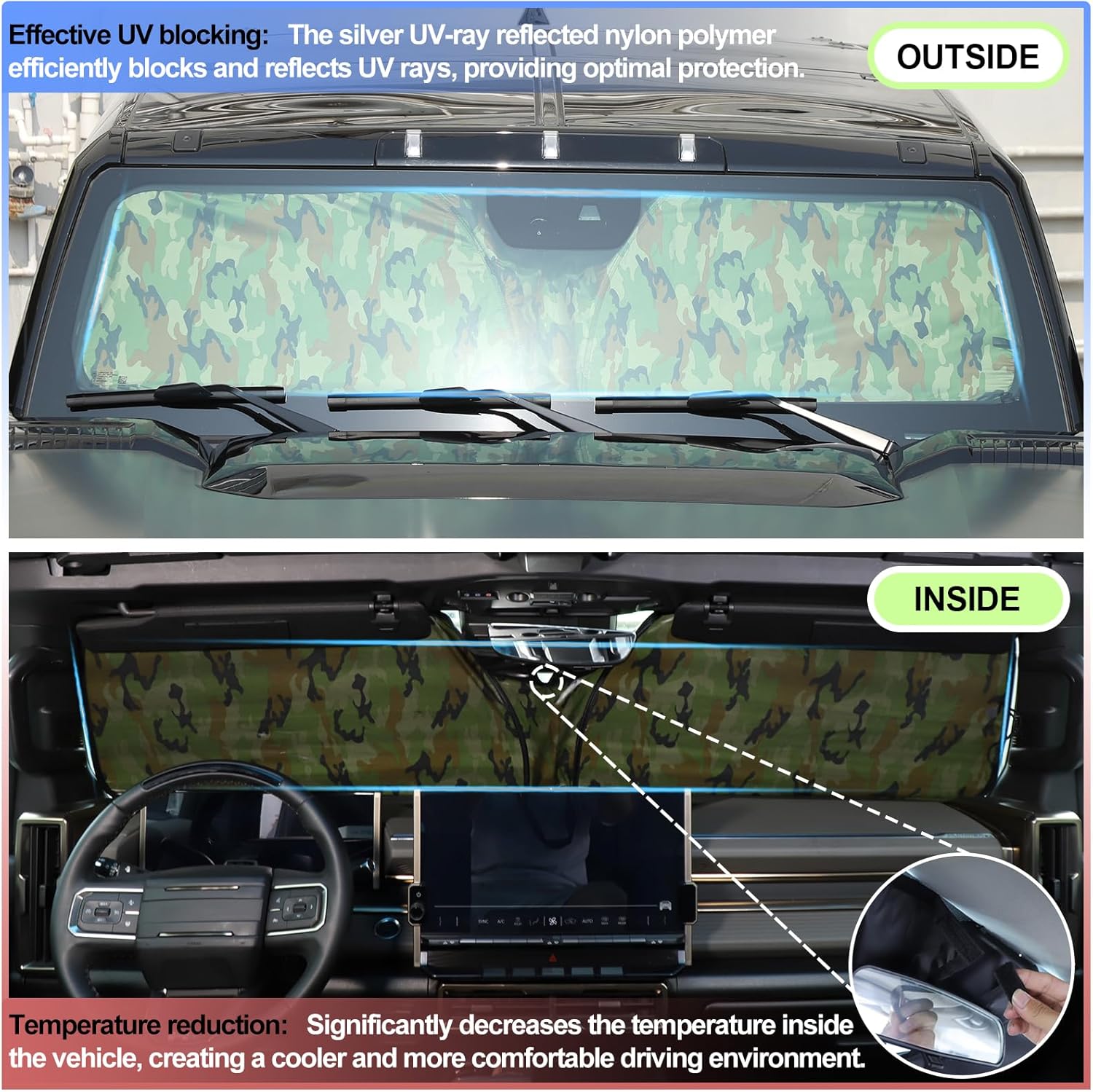 Windshield Sunshade for Hummer EV 2024-2025 Front Window Sun Shade Foldable Reflective Sun Visor Custom Sunscreen UV Blocker Privacy Protector HeatShield Keep Your Car Cooler (Green)