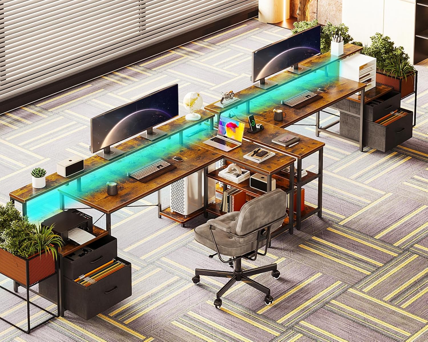 Diagram illustrating ergonomic benefits of the long monitor stand on the ODK L Shaped Desk.
