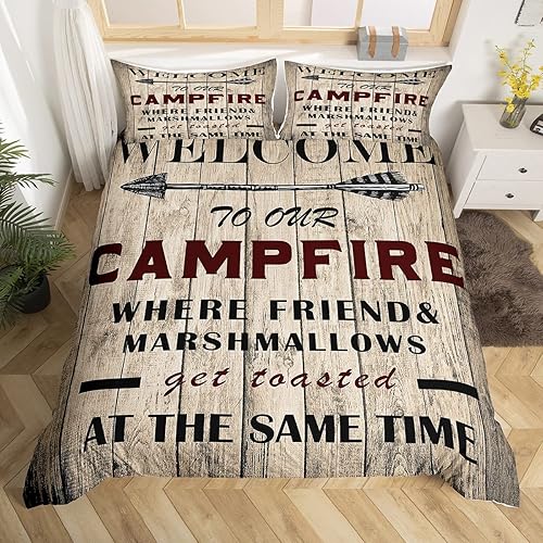 Homewish Funda de edredón para acampar al aire libre, tamaño Queen, juego de ropa de cama de madera rústica marrón de 3 piezas para niños,