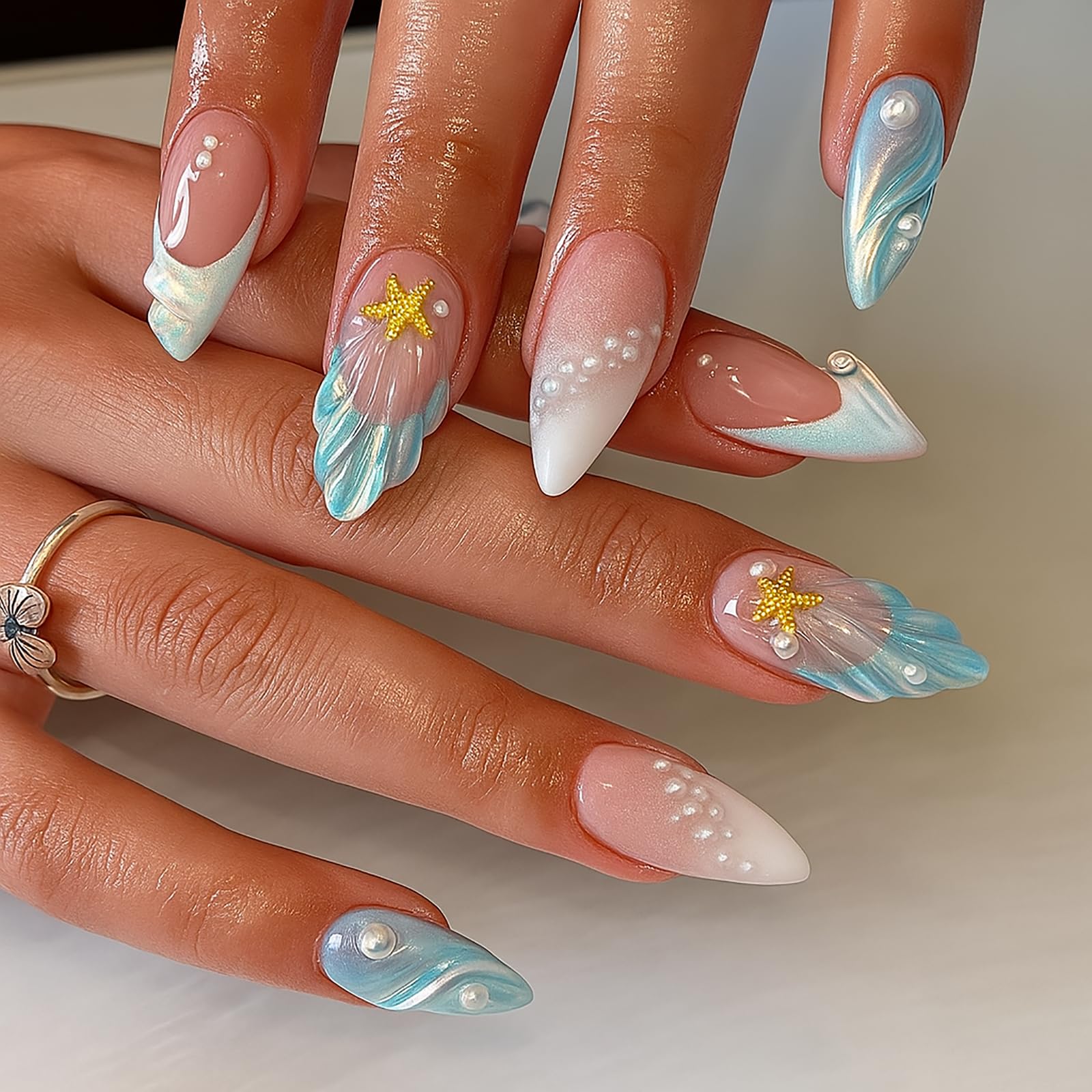 24 Pcs Almond Shape Press On Nails with 3D Seashell & Starfish Design
