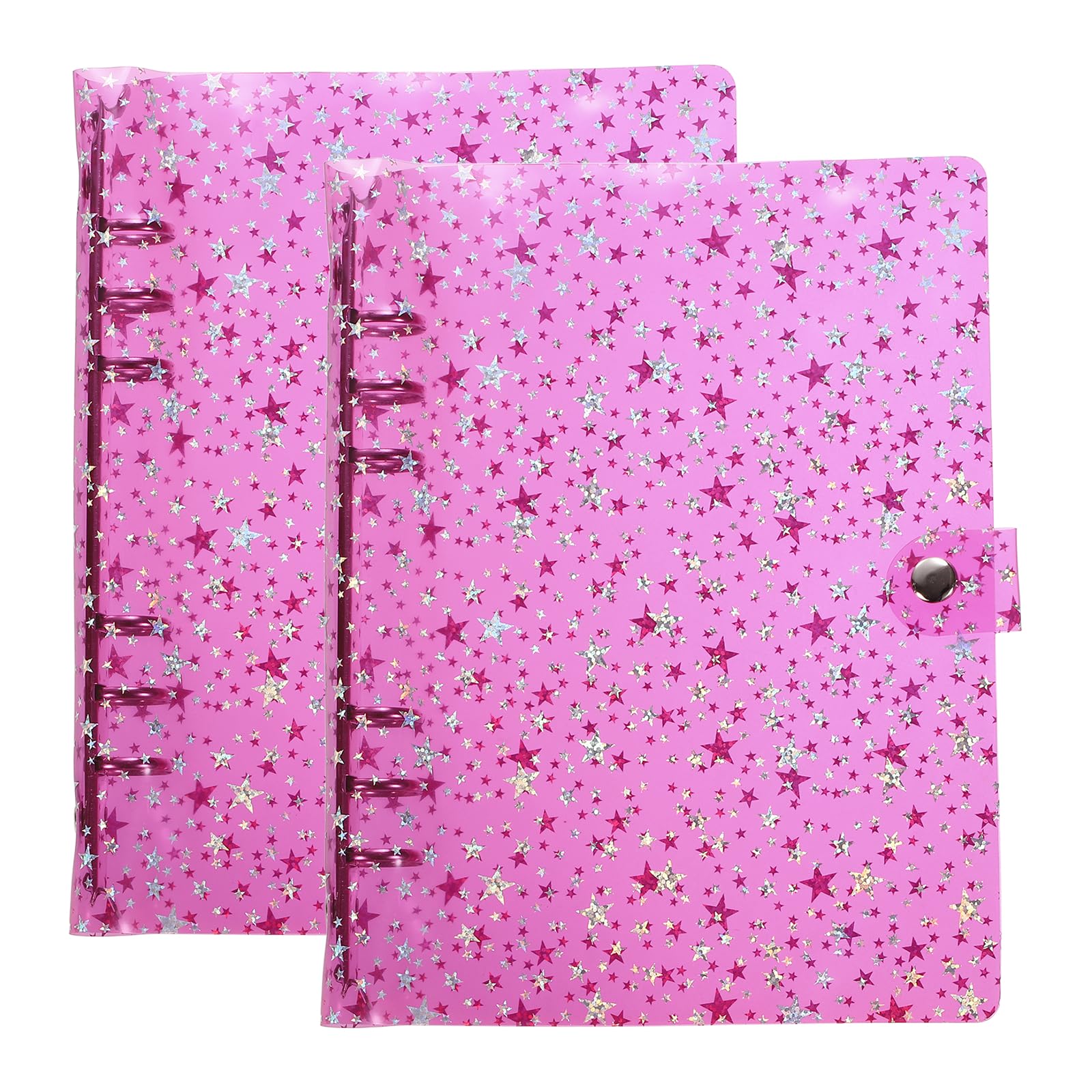 PATIKIL A5 Binder Cover, 2 Pcs Soft PVC 6-Ring Stars Pattern Refillable Notebook Shell with Snap Button Closure Loose-Leaf Journal Folders for DIY Meeting Notebook, Pink