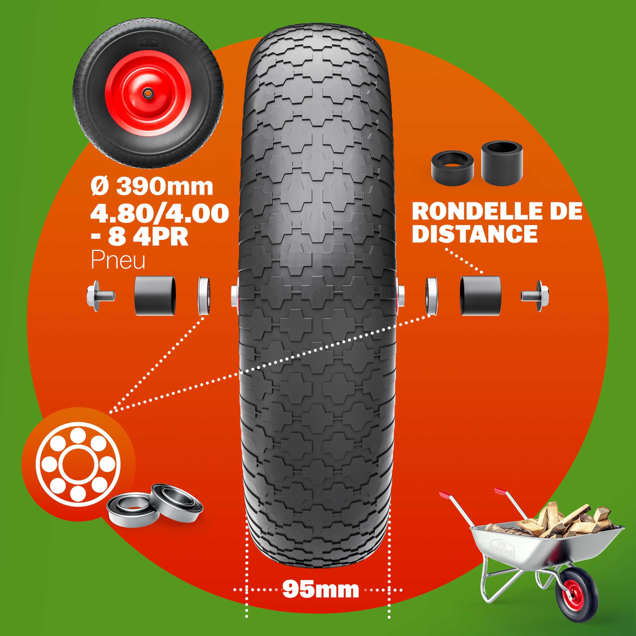GARDEBRUK® Roue de brouette increvable Caoutchouc Plein PU 4.80/4.00-8 Ø390mm Jante Acier 200kg axe Roue de Secours Remplacement brouette Pneu