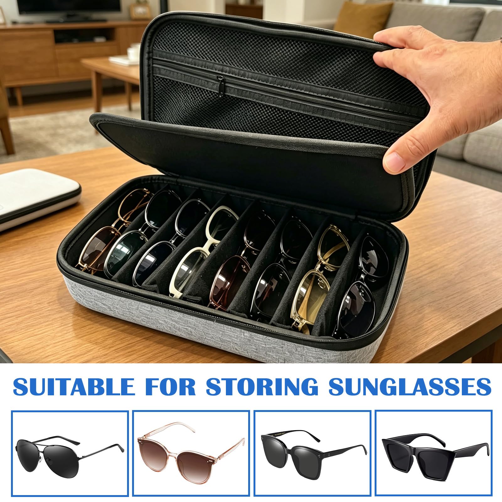 Brillenbox für Mehrere 8 Sonnenbrille Aufbewahrung: EVA Brillenbox für Mehrere mit Einstellbare Fächer, Sunglasses Organizer für Sonnenbrille Aufbewahrung, Uhren, Accessoires