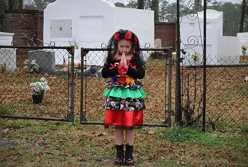 Miniatura 7 de ReliBeauty Disfraz del Día de los Muertos para Niñas Disfraz de calavera de azúcar con banda muerta de flores y cuello de flores, multicolor