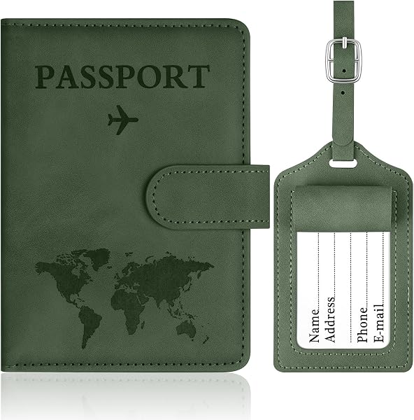 OFFCUP Custodia per Passaporto, Custodie Porta Passaporto con Blocco RFID, Custodia Passaportos con Etichetta Valigia in Pelle PU per Carte d'Identità Carte di Credito, Passaportos Pass (Verde) - 1