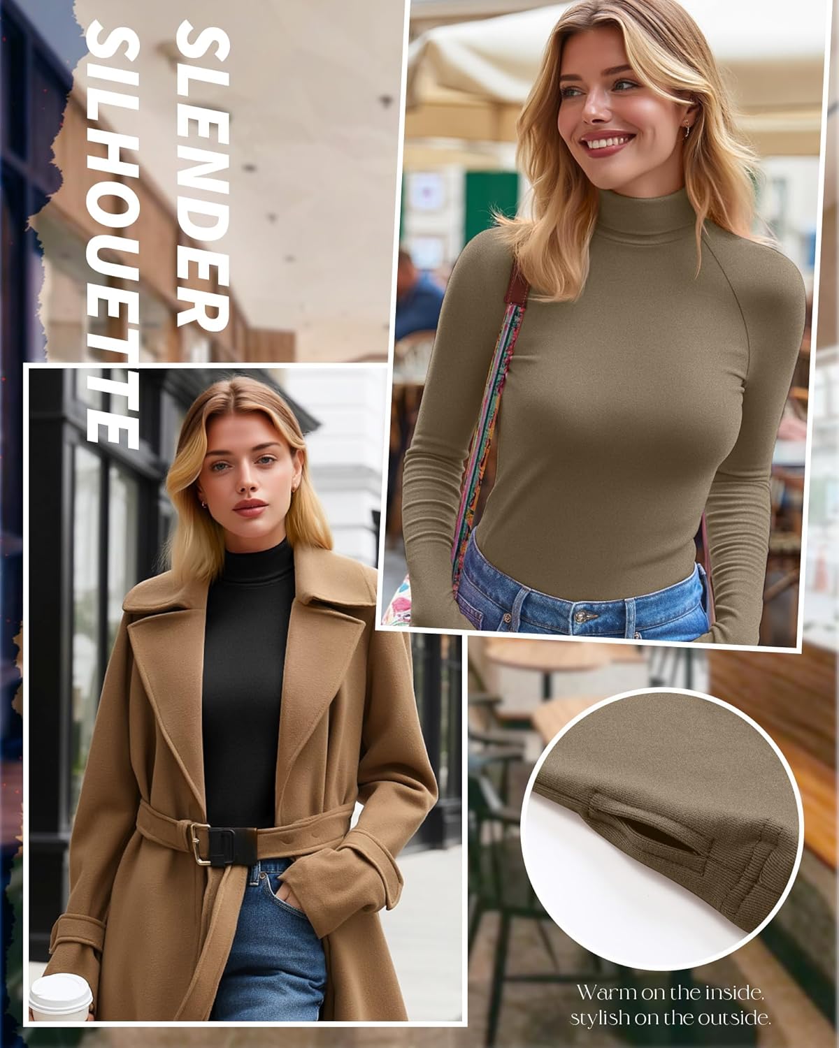 3 Pack Women's Turtleneck Shirts Long Sleeve Slim Fit Thermal Underwear Tops Mock Neck Base Layer with Thumb Holes(Black, Khaki, Denim Blue,L) - Image 3