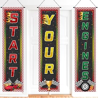 Tiamon 3 PCS Racing Fans Banners, Cars Birthday Banner, Checkered Hanging Banner, Truck Car Flag Banner for Indoor Outdoor Racing Car Party Birthday School Event Decoration