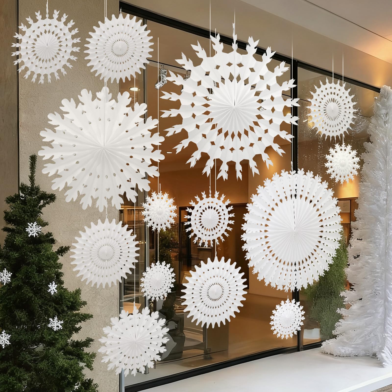 AmazingSpark 16pcs Huge Christmas Winter White Paper Snowflakes Large Christmas Snowflake Hanging Decorations Birthday Party Supplies Winter Indoor Home Wonderland Party Decor (Mixed 7.9"-31.5")