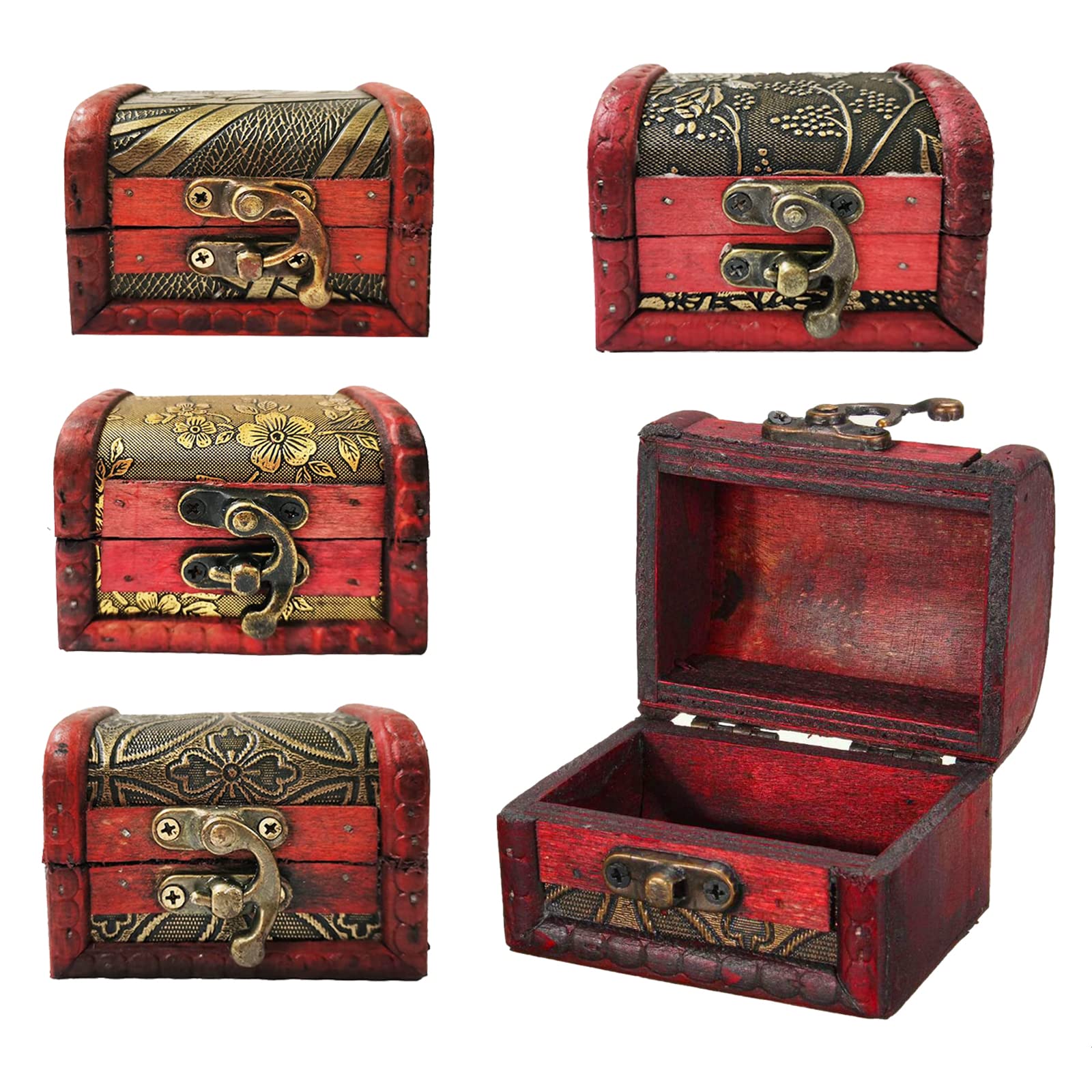 Vintage Small Jewelry Boxes, 5 Piece Set of Small Treasure Boxes Antique Design Wooden Storage Boxes with Metal Locks Treasure Organizer Gift Box Hinges and Latches for Crafts(Different Patterns)