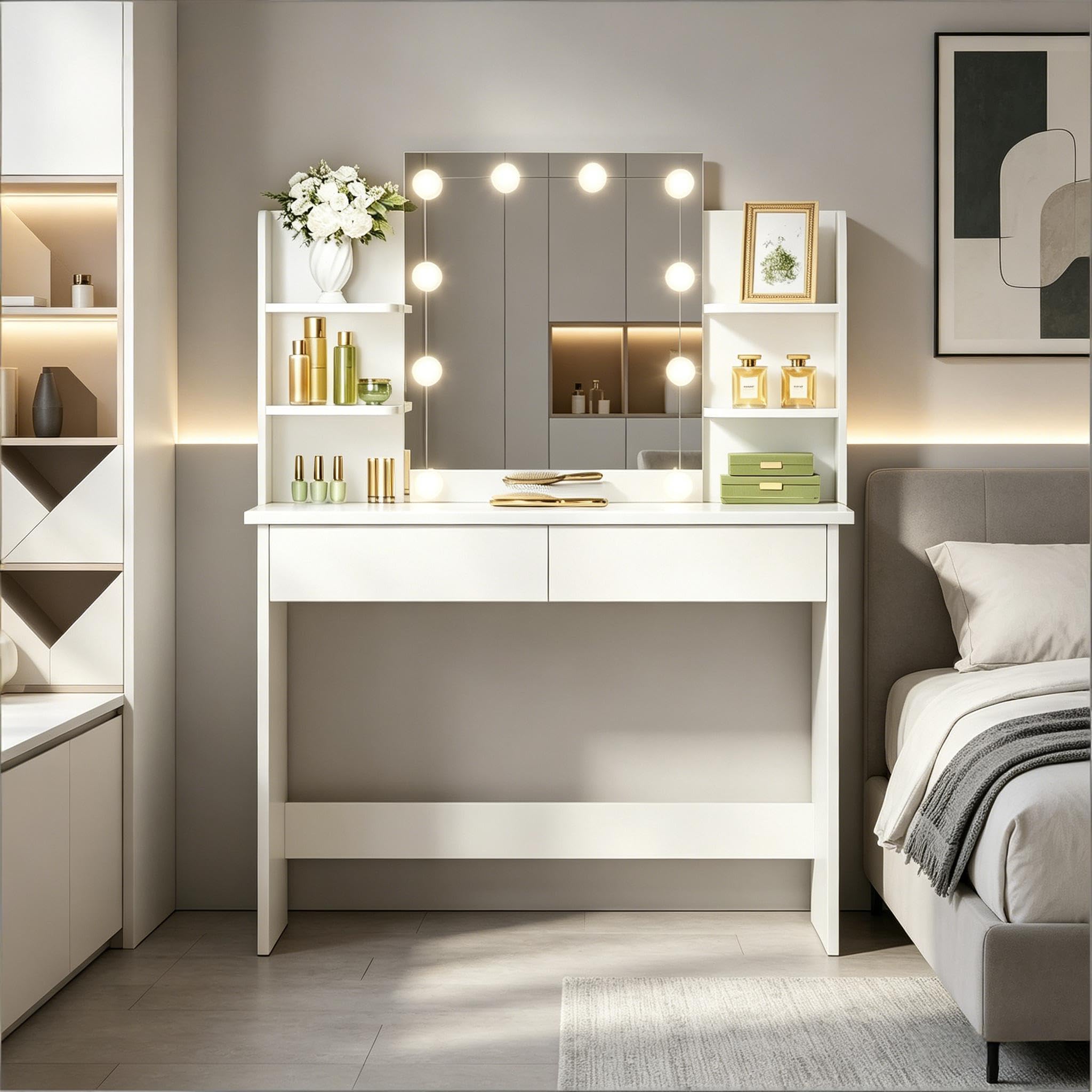 Tavolo da toeletta con specchio LED, 4 ripiani aperti, 2 cassetti