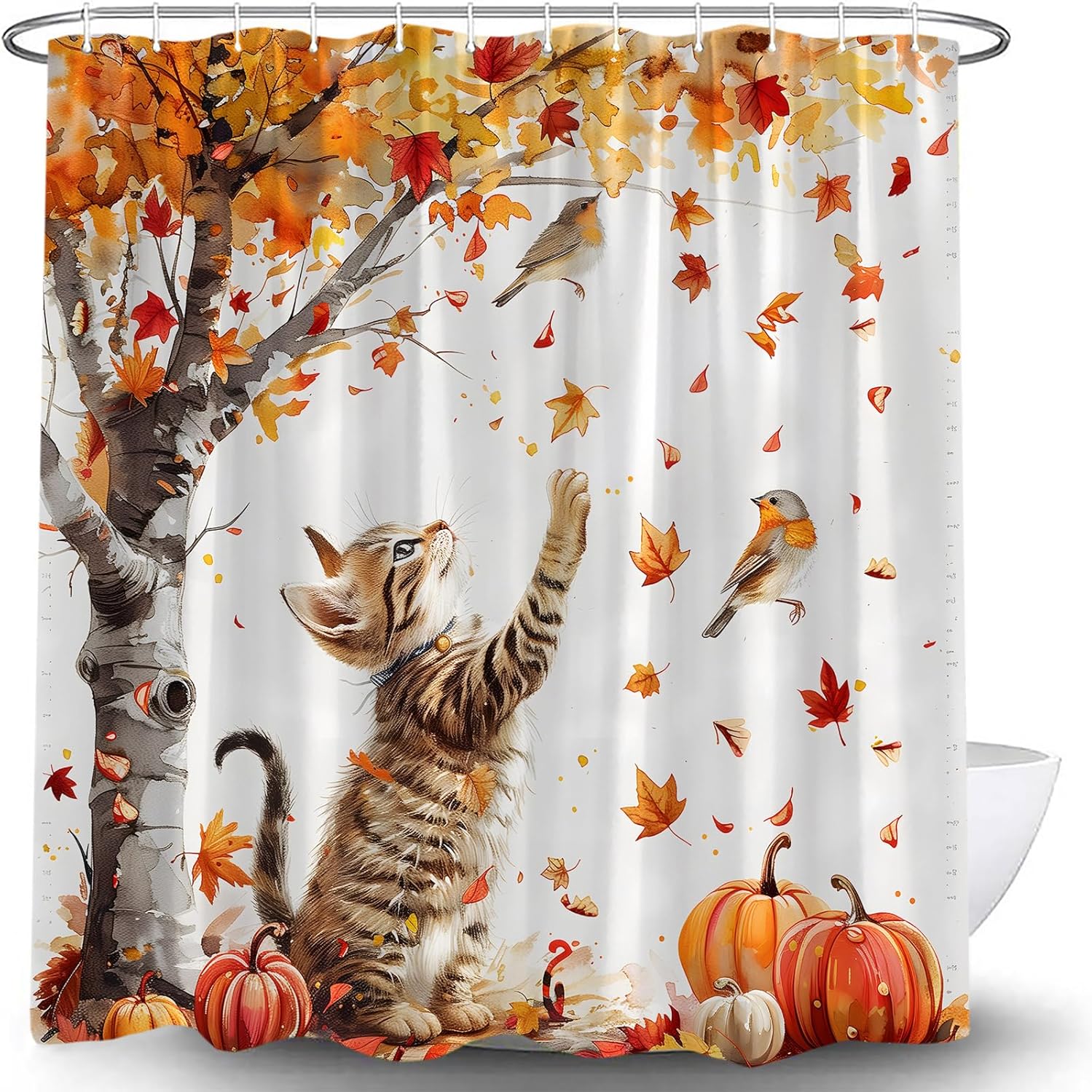Fall Funny Cat Shower Curtain Autumn Thanksgiving Harvest Maple Tree Falling Leaf Pumpkin Cute Bird Animal Cartoon Decor Bathroom Curtain Set with Hook