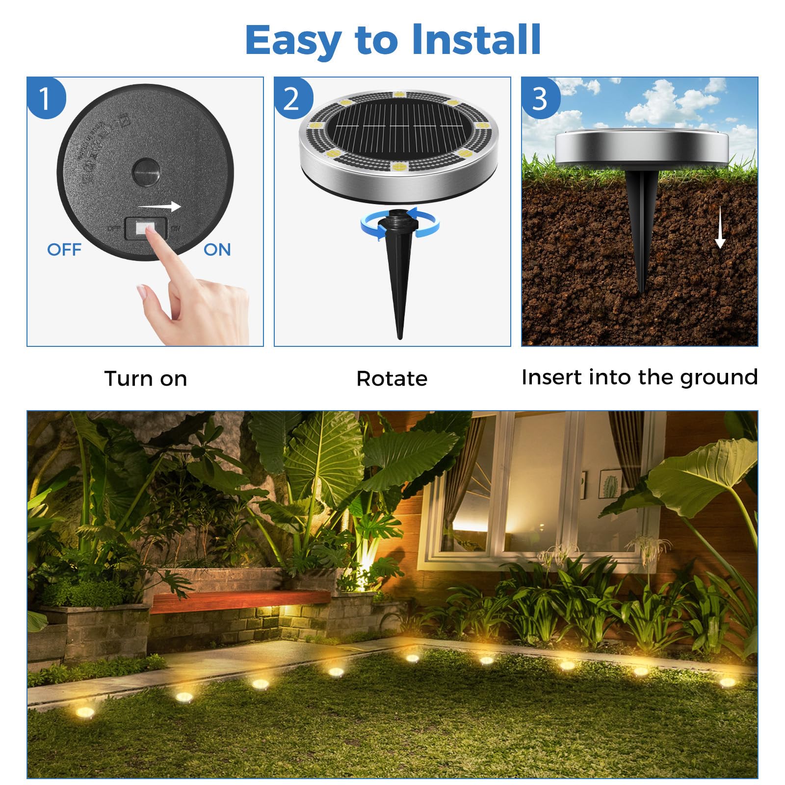 Peasur 6 Pack Solar Lights Outdoor Garden, Solar Ground Light, Waterproof Disk Lights for Pathway Patio, Yard, Lawn - Image 4
