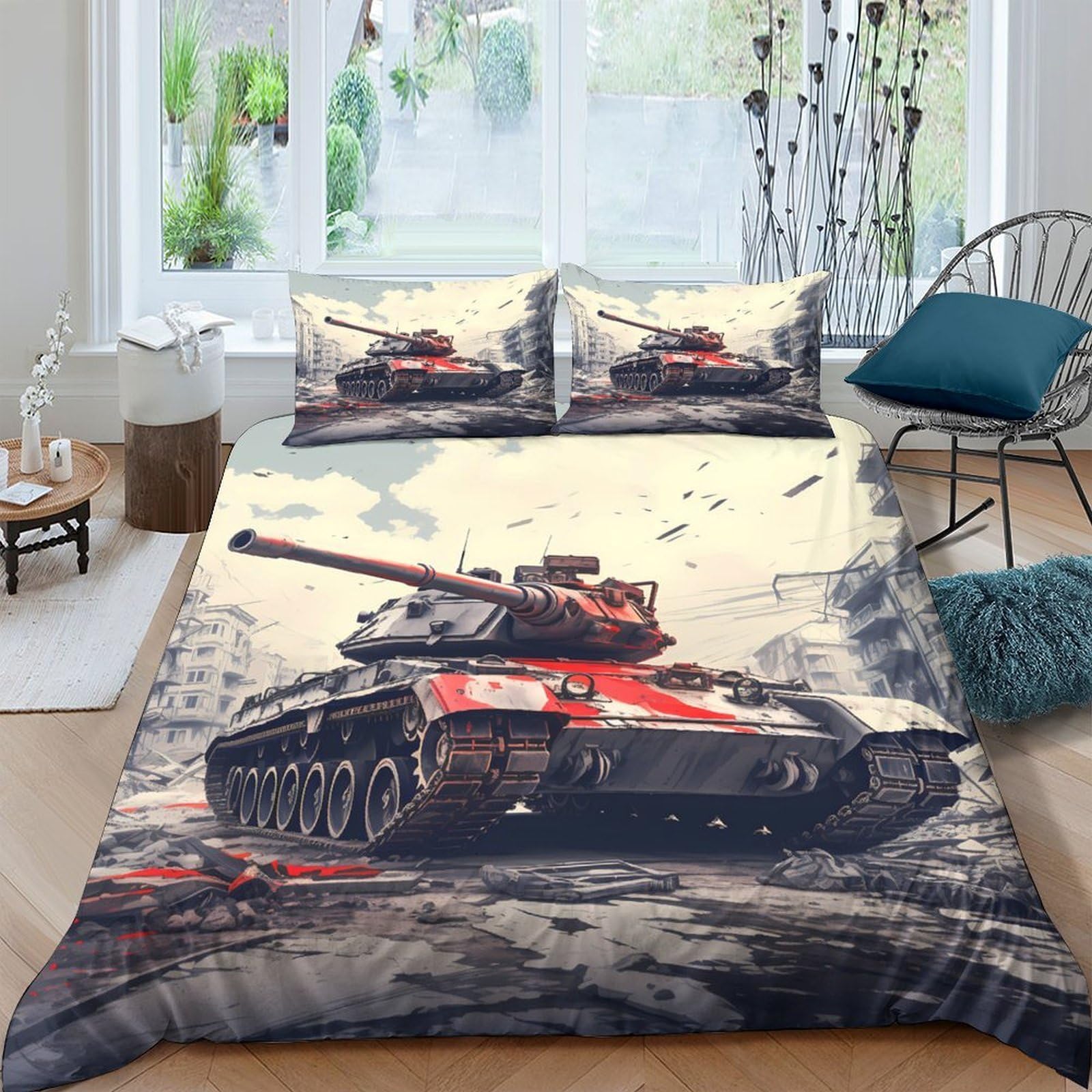 Ctjqhvkz Style-6 3D Printed Battle Tank Fitted Sheet Microfiber Urban Warzone Bed Cover For Bedroom Dorm Easy Care Mattress Protection Single（135X200cm）