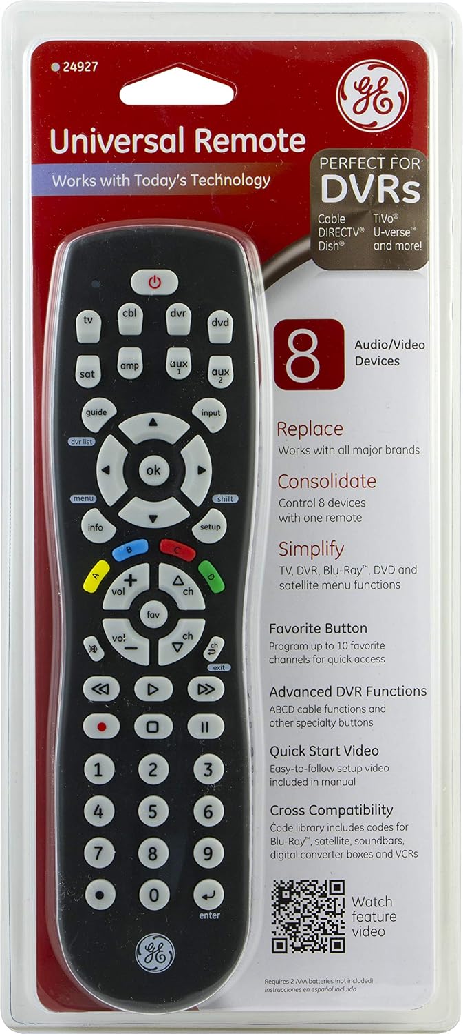 GE Universal Remote Control for Samsung, Vizio, Lg, Sony, Sharp, Roku, Apple TV, RCA, Panasonic, Smart TVs, Streaming Players, Blu-Ray, DVD, Simple Setup, 8-Device, Black, 24927